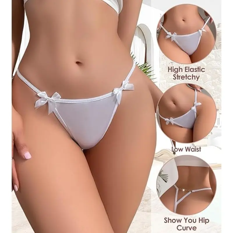 Sexy Women Ice Silk Panties Low Waist G-String Underwear Seamless Metal Chain Bow Solid Thong Female Lingerie