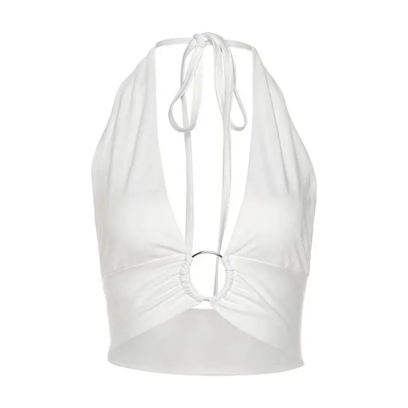 Womens Sexy Sleeveless Ring Linked Vest Halter Short Tank Tops Backless Ring Connect Slim Fit Vest Casual Slim Tops