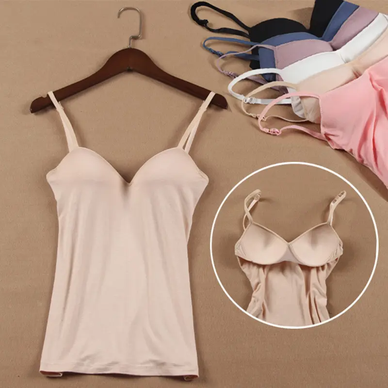 Sexy Women Solid Padded Bra Spaghetti Camisole Top Women Vest Female Camisole with Built in Bra Cami Top Vest Padded Tank Tops