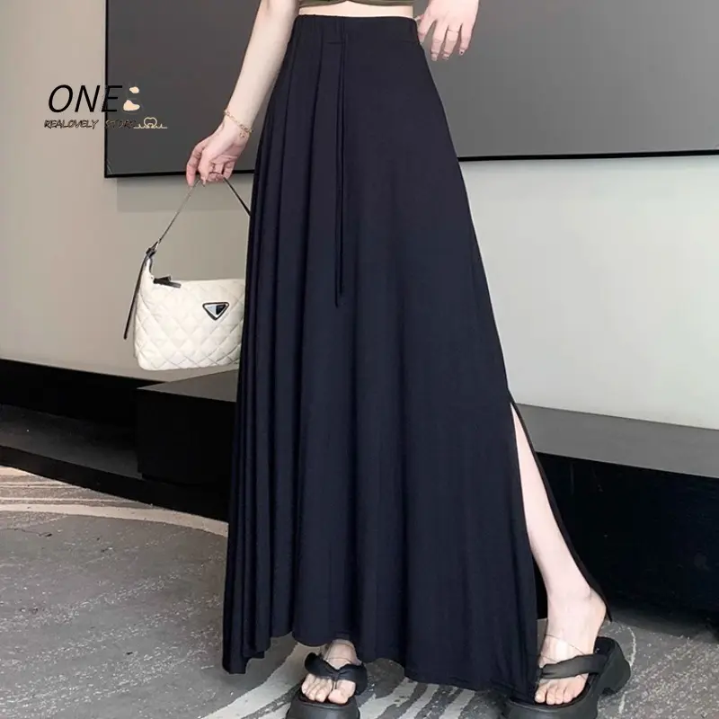 Elegant Casual A-Line Women's Skirts Solid Color Summer High-waisted Long Skirt Female Slim Office Maxi Skirt Streetwear