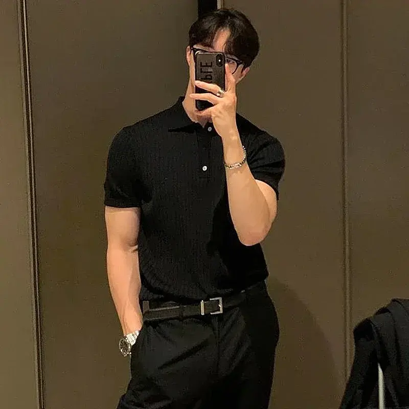 Men's Clothing Luxury Knit Polo Shirt Casual Striped Button Down Solid Color Short Sleeve T-Shirt for Men Breathable M-2XL