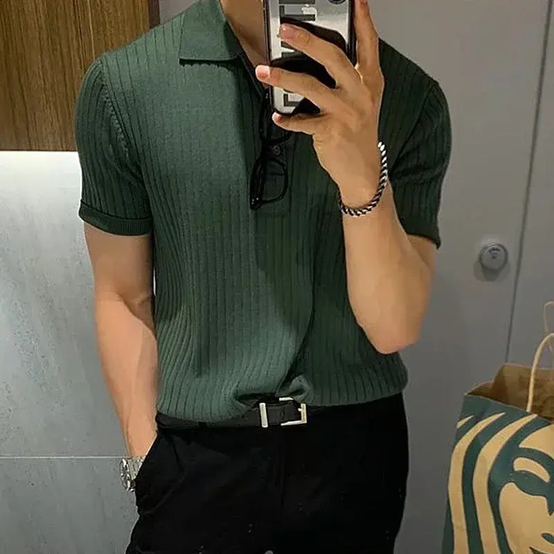 Men's Clothing Luxury Knit Polo Shirt Casual Striped Button Down Solid Color Short Sleeve T-Shirt for Men Breathable M-2XL