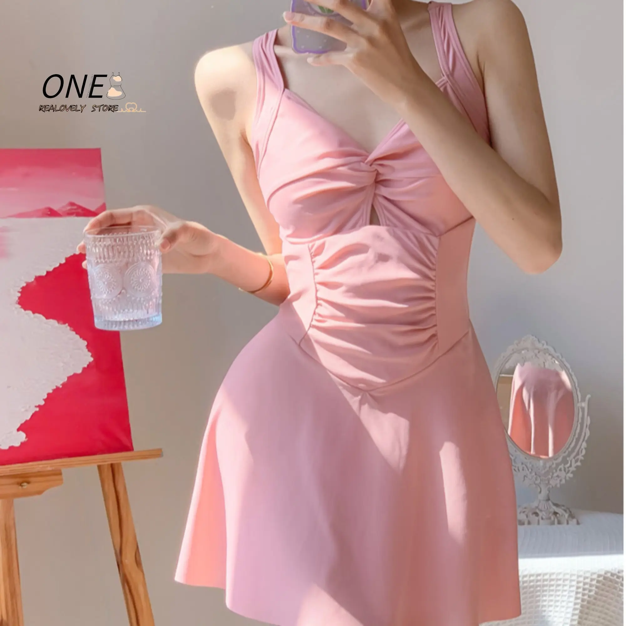 Sweet Cute Hanging Neck Strap Women Swimwear Sexy One-piece Swim Suit with Chest Pad Slim Beach Dresses Girls Bathing Suit