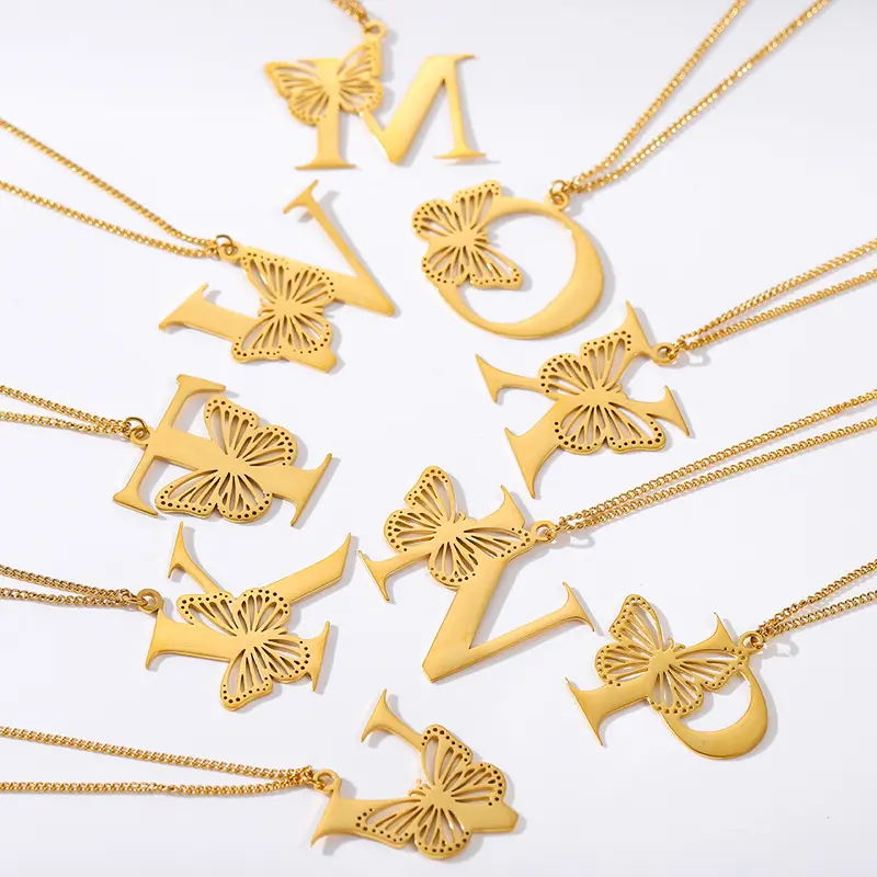 Dainty Big Butterfly Letters Necklaces For Women Girl Jewelry Metal Chain Removable Pendant Initial Choker Necklace