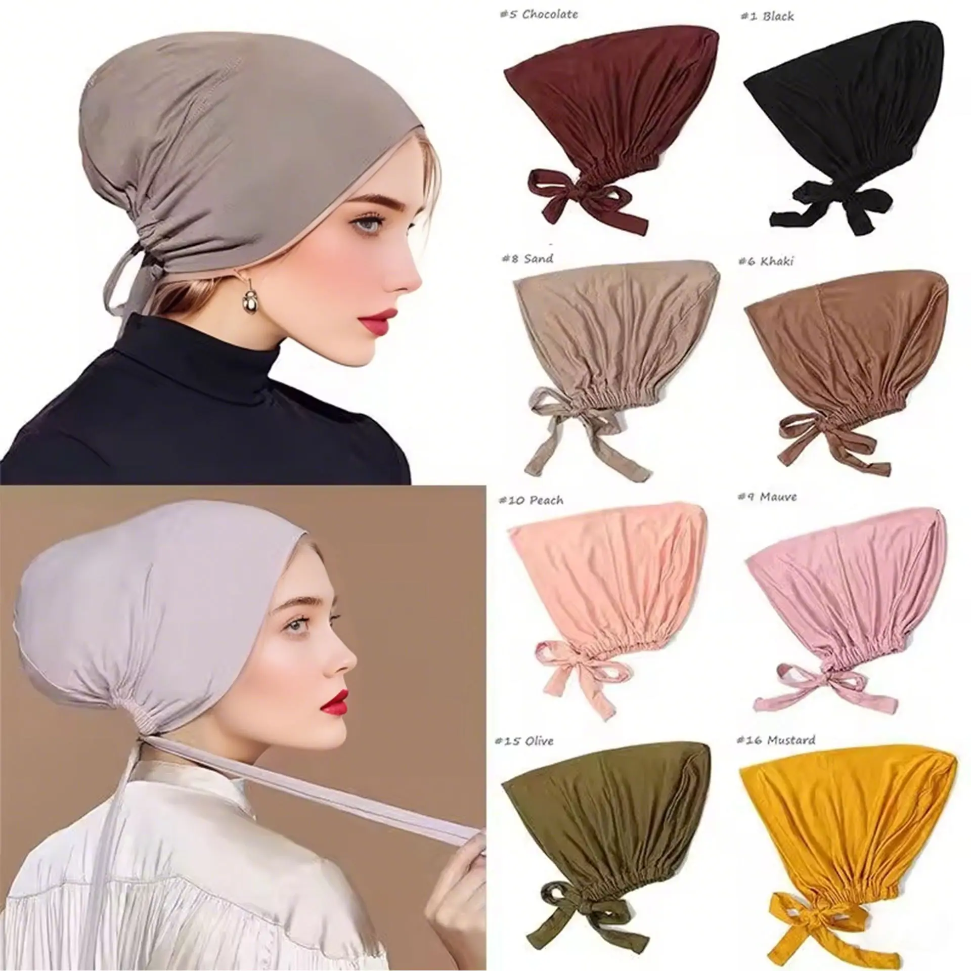 New Modal Material Muslim Breathable Elastic Strap Bottom Hat Drawstring Solid Color Adjustable Sweatcloth Inner Hat