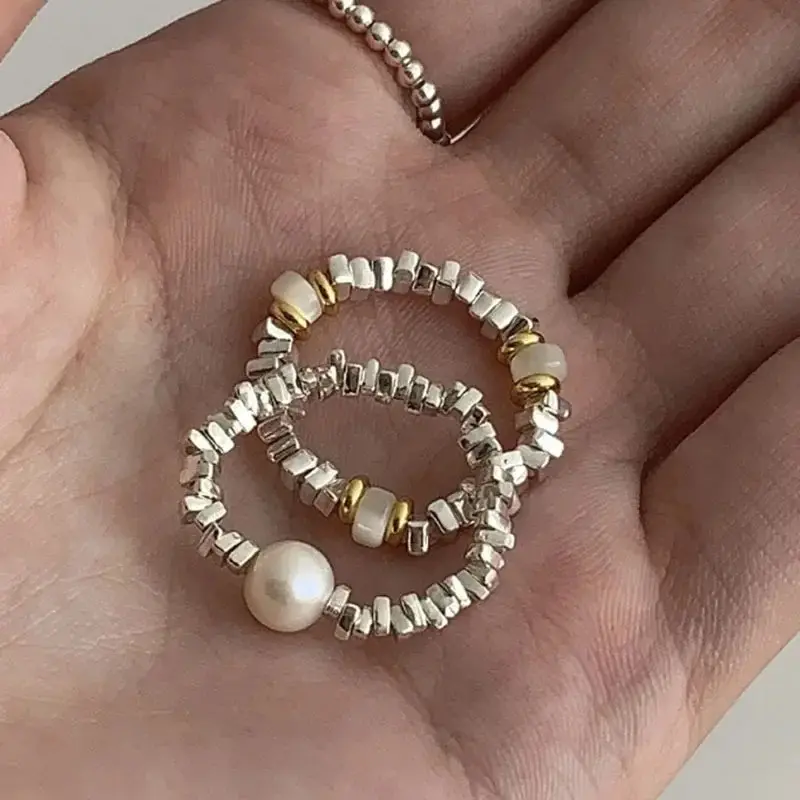 Sterling Silver Freshwater Pearl Elastic Rope Rings for Women Trendy Fine Jewelry Minimalist Adjustable Accessories Anillo Mujer