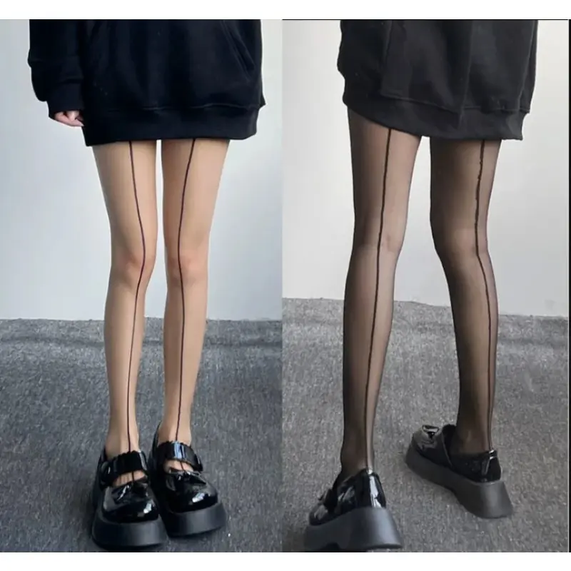 Front and Back Vertical Silk Stockings Shrimp Lines European American Retro Black Silk Sexy Thin Meat Bottomed Pantyhose