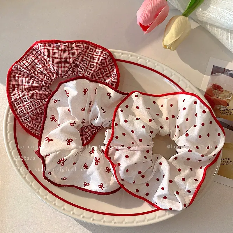 Print Heart Dot Plaid Large Intestine Scrunchie HairBands for Women Girls Hair Tie Sweet Hair Ornament Fashion Hair Accessories