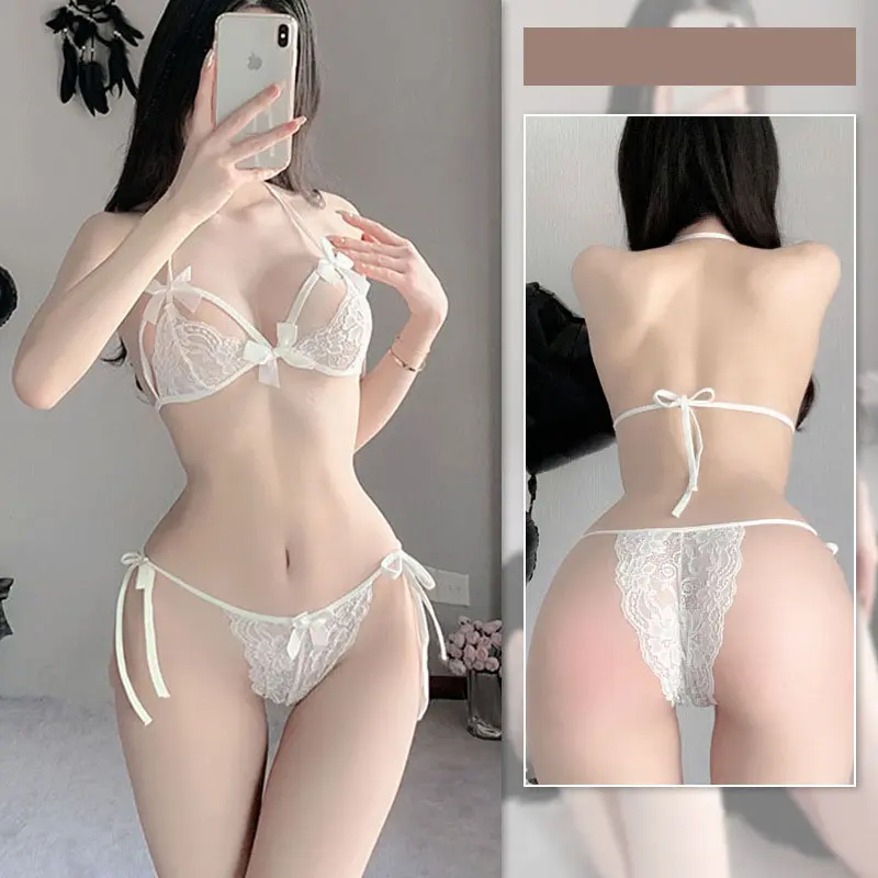 Erotic Costumes Lingerie Set Underwear Reggiseno Pornografico Sexylingerie Hollow Out See Through Bra Two Piece Set White Suit