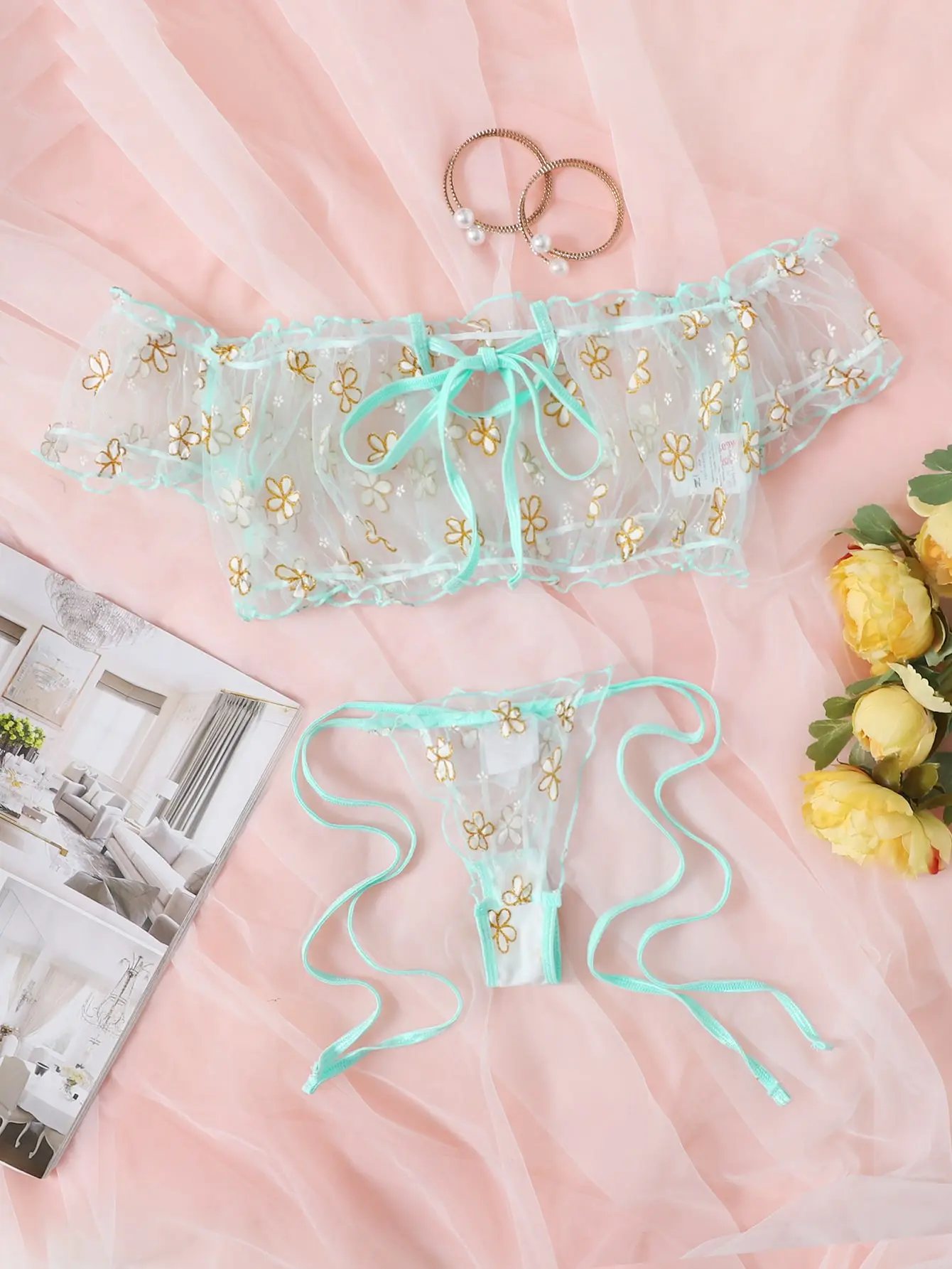 Summer Fashion Seamless Floral Transparent Women's Sexy Two-piece Bikini Tie Set Open Crotch Babydolls Chemises Adult Lingerie