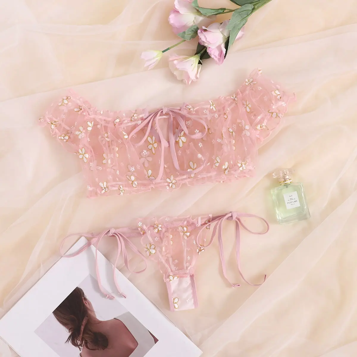 Summer Fashion Seamless Floral Transparent Women's Sexy Two-piece Bikini Tie Set Open Crotch Babydolls Chemises Adult Lingerie