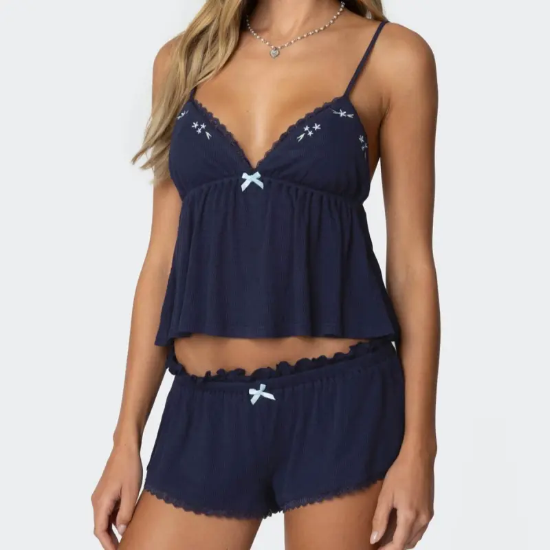 Women's Summer Pajamas Set Stylish Embroidery Lace Trim Camisole Tops with Shorts Lounge Wear 2 Pcs Set
