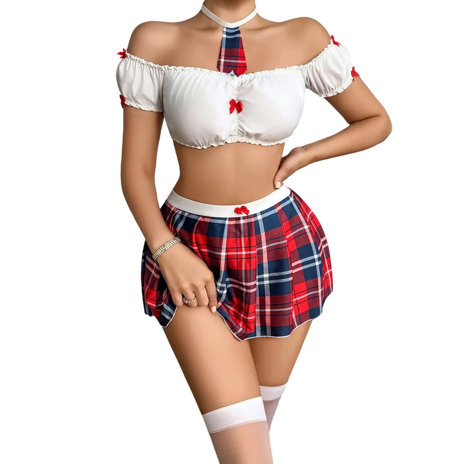Women School Girl Lingerie Set Off-Shoulder Tops and Stretchy Panties Neck Tie Plaid Skirts Stocking Set for Sleepwear