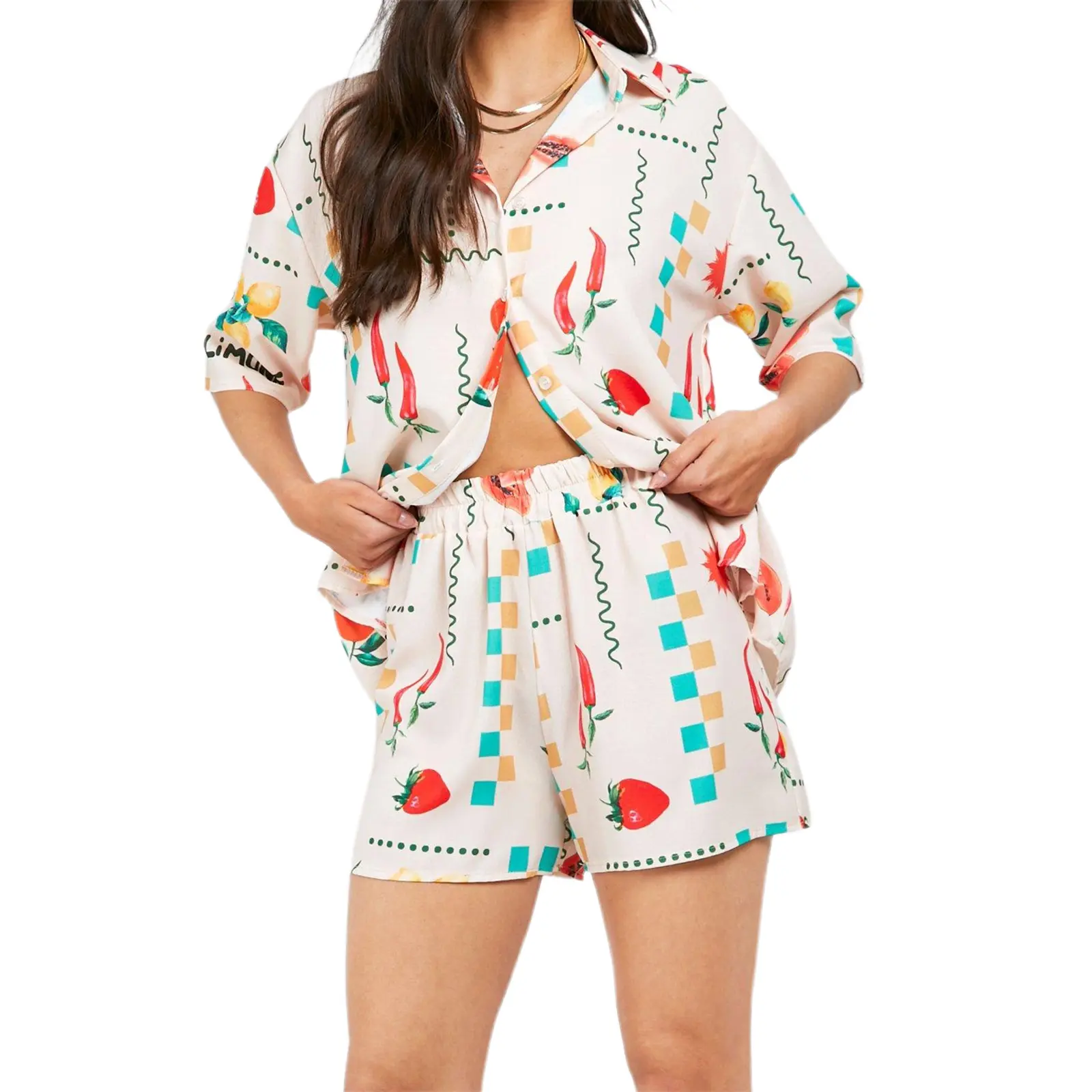 Women Pajamas Set 2 Pieces Loungewear Suits Fruits/Leaves Print Short Sleeve Tops and Shorts 2 Piece Loungewear Outfits