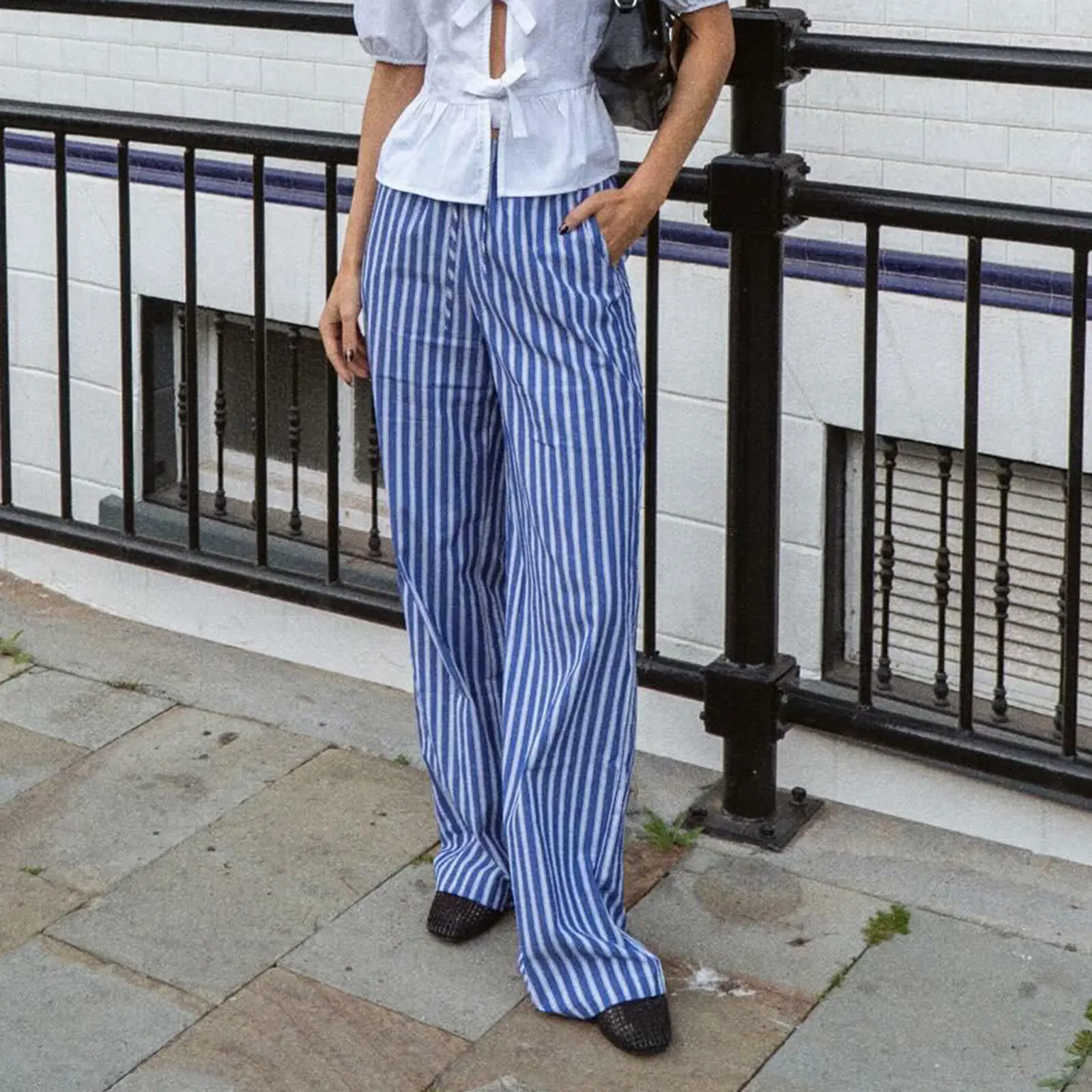 Women Casual Striped Pants, Elastic Waist Casual Loose Trousers Lounge Pants Pajama Pants Dailywear