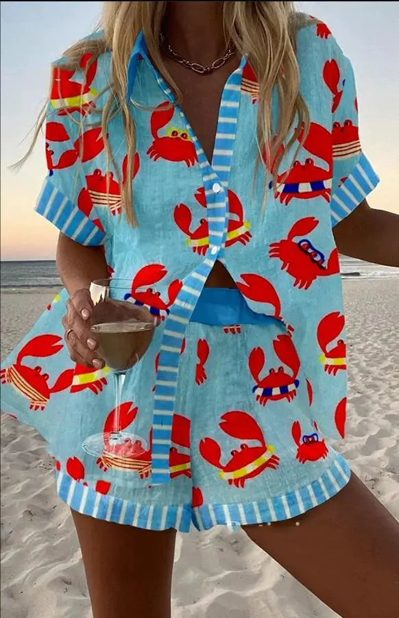 Women’s 2 Piece Pajamas Set Cute Crab Print Short Sleeve Shirt + Elastic Waist Shorts Set Lounge Clothes