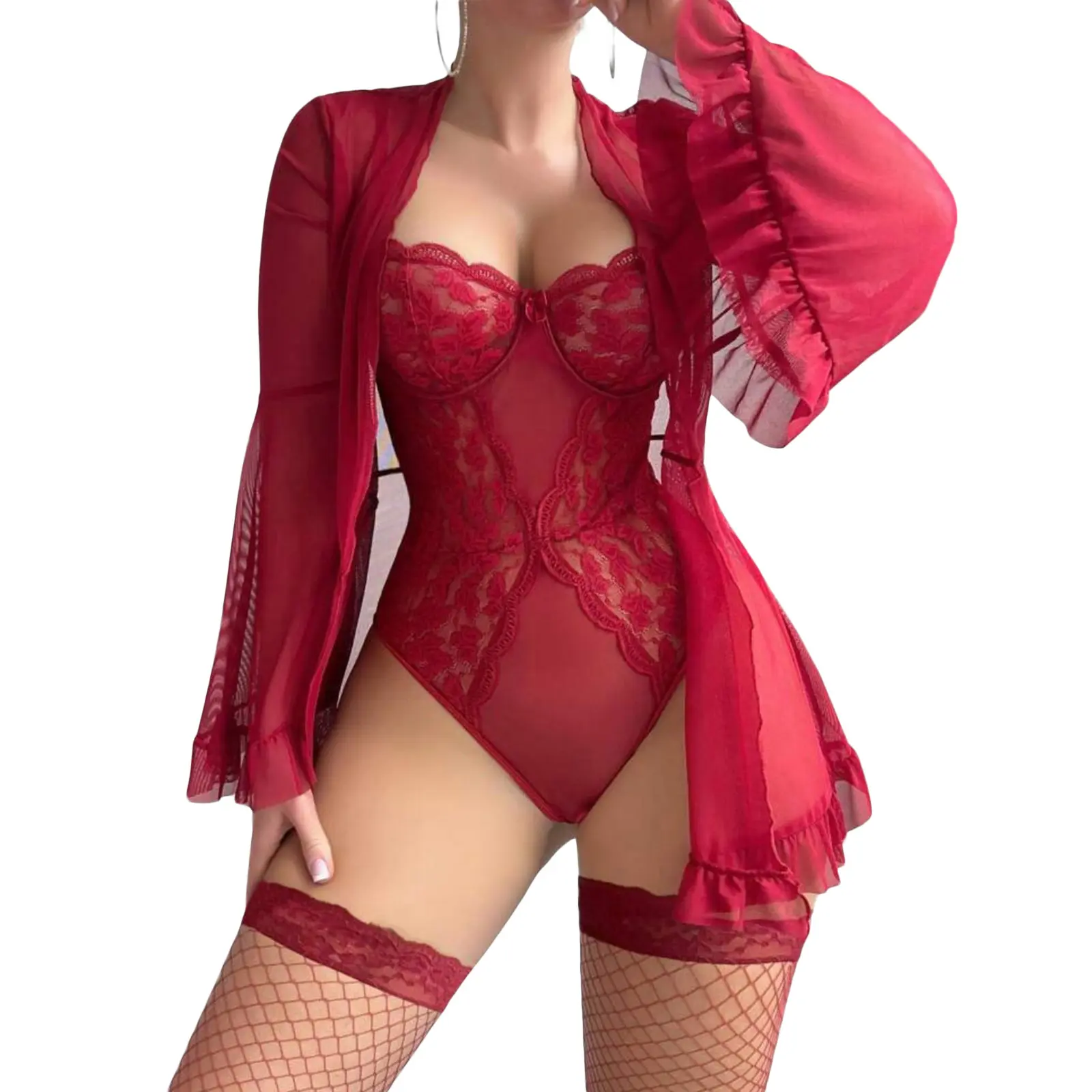 Women's Lingerie Set Mesh Lace Solid Babydoll Bodysuit with Long Sleeve Robe 2 Pcs Set
