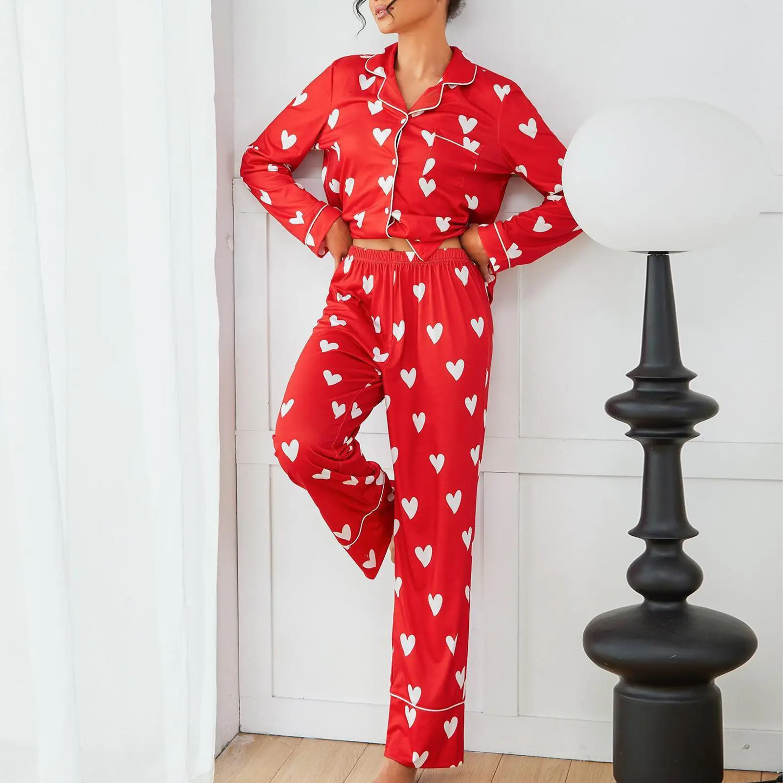 Women's Heart Print Loungewear Set Long Sleeve Lapel Button Down Tops with Elastic Waist Long Pants Fall Sleepwear