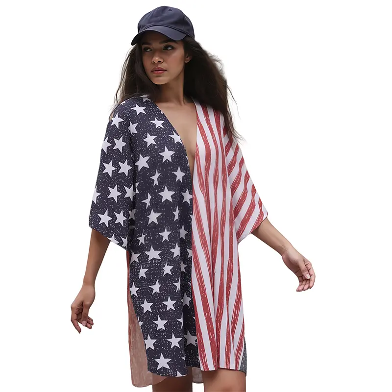 Mommy and Me Matching Beach Cover Up 4th of July Stripe Star Print Short Sleeve Open Front Cardigan Family Matching Outfits
