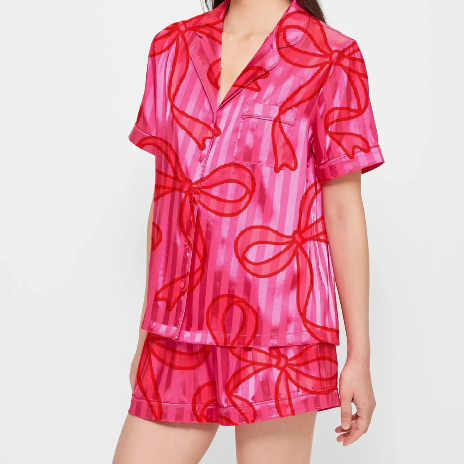 Women Short Pajama Set Heart Bow Print Lapel Neck Button-up Short Sleeve Tops Shorts 2-Piece Loungewear Outfit