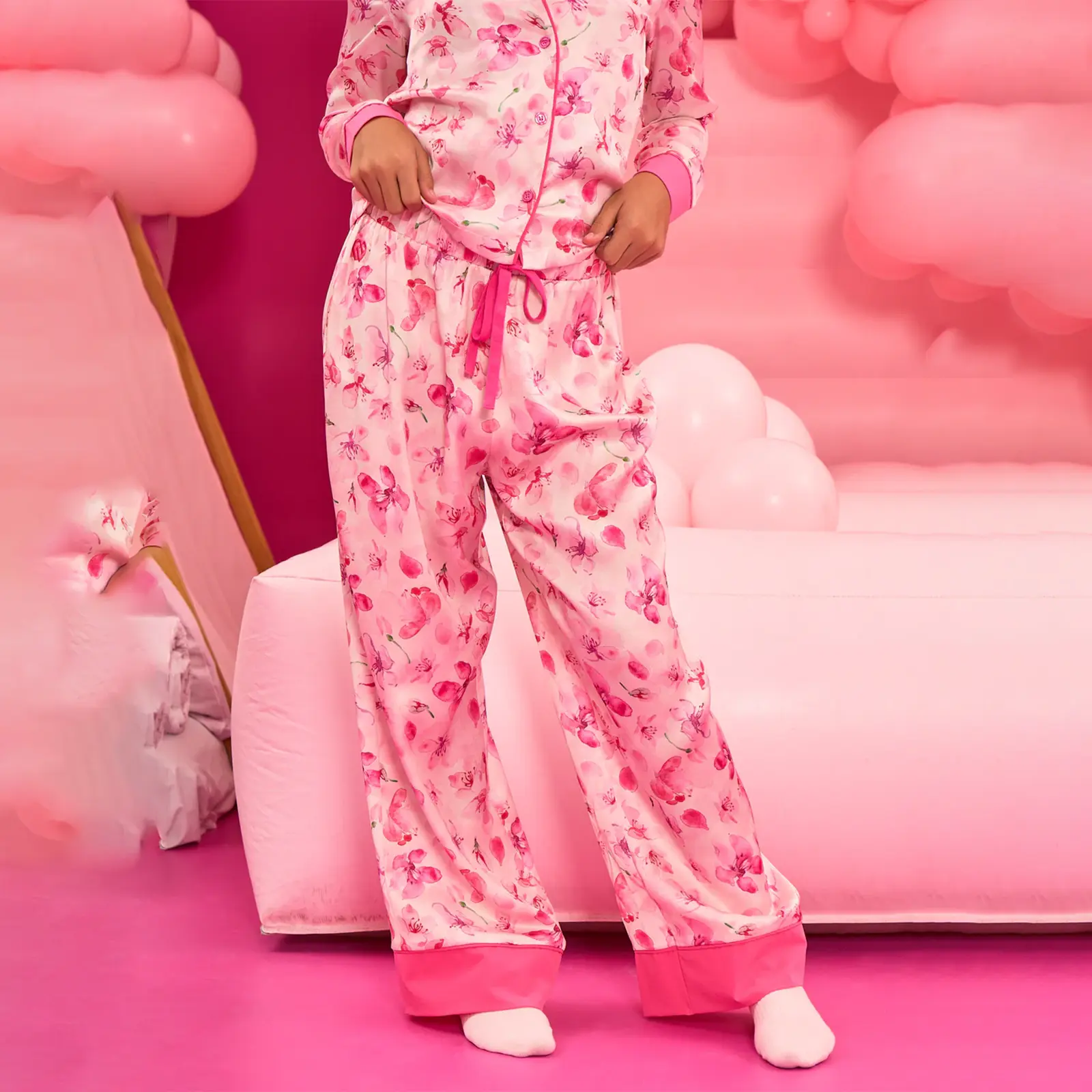 Women Floral Print Pajama Set Lapel Neck Button-up Long Sleeve Tops Long Pants 2-Piece Loungewear Outfit