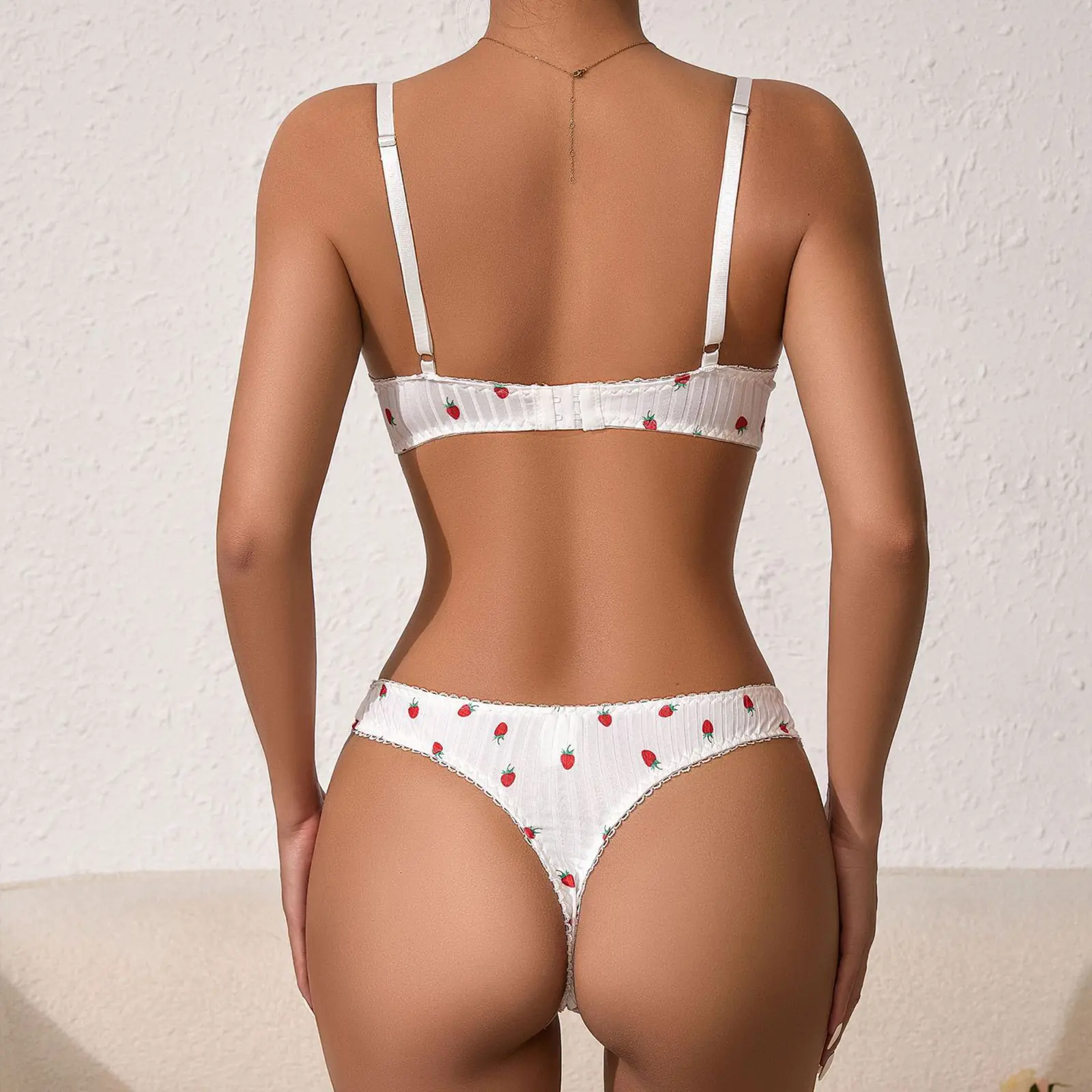 Women's Erotic Naughty Lingerie Sets Strawberry Print Lace Trim Bra and Low Waist Thong