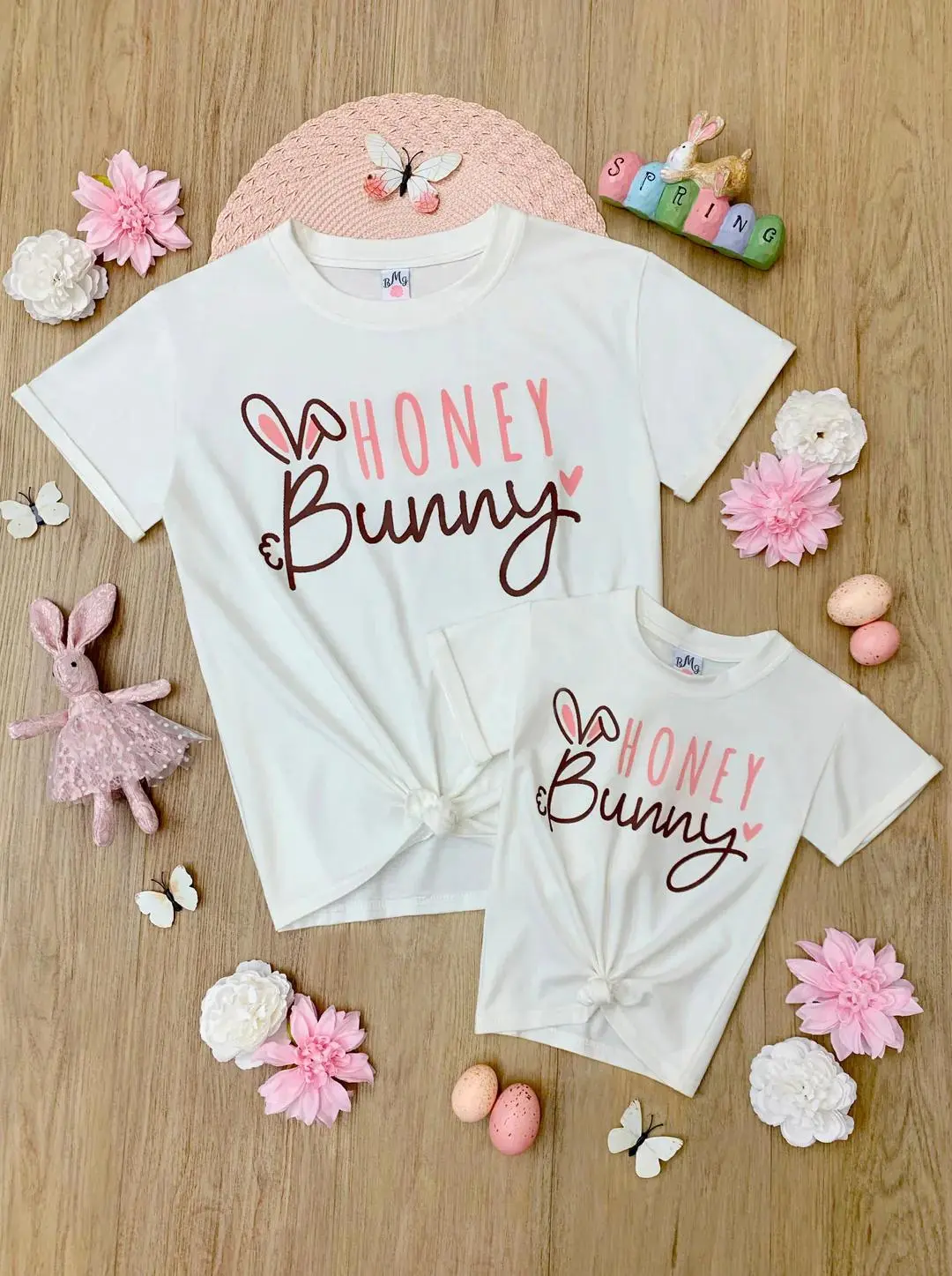 Mommy and Me Matching T-Shirts Bunny Letter Print Short Sleeve Round Neck Tops for Mother and Daughters