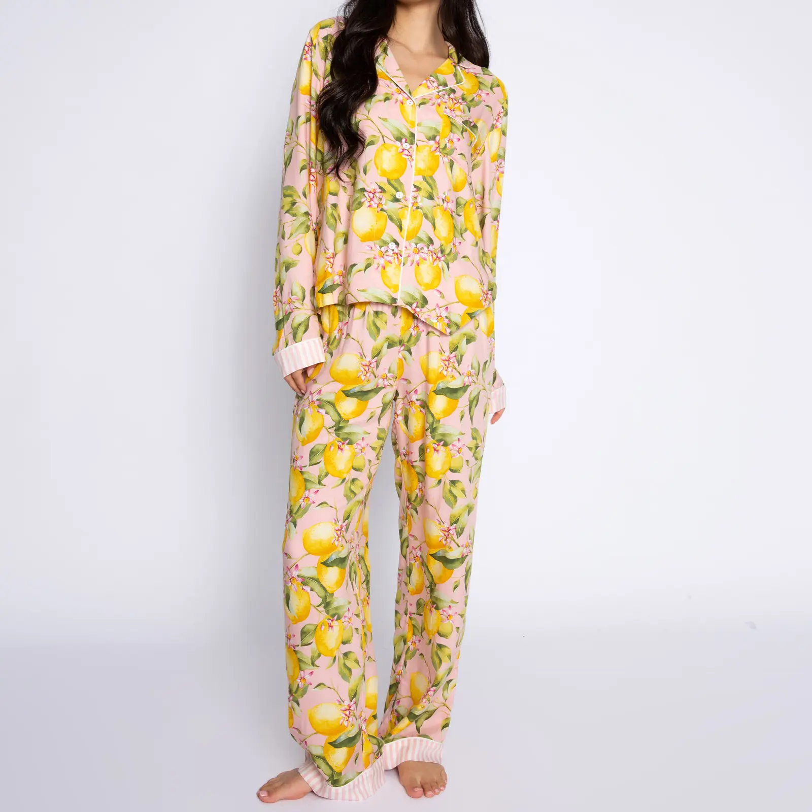Women Lemon Print Loungewear Set Button-up Lapel Neck Long Sleeve Tops Long Pants 2-Piece Pajama Outfit