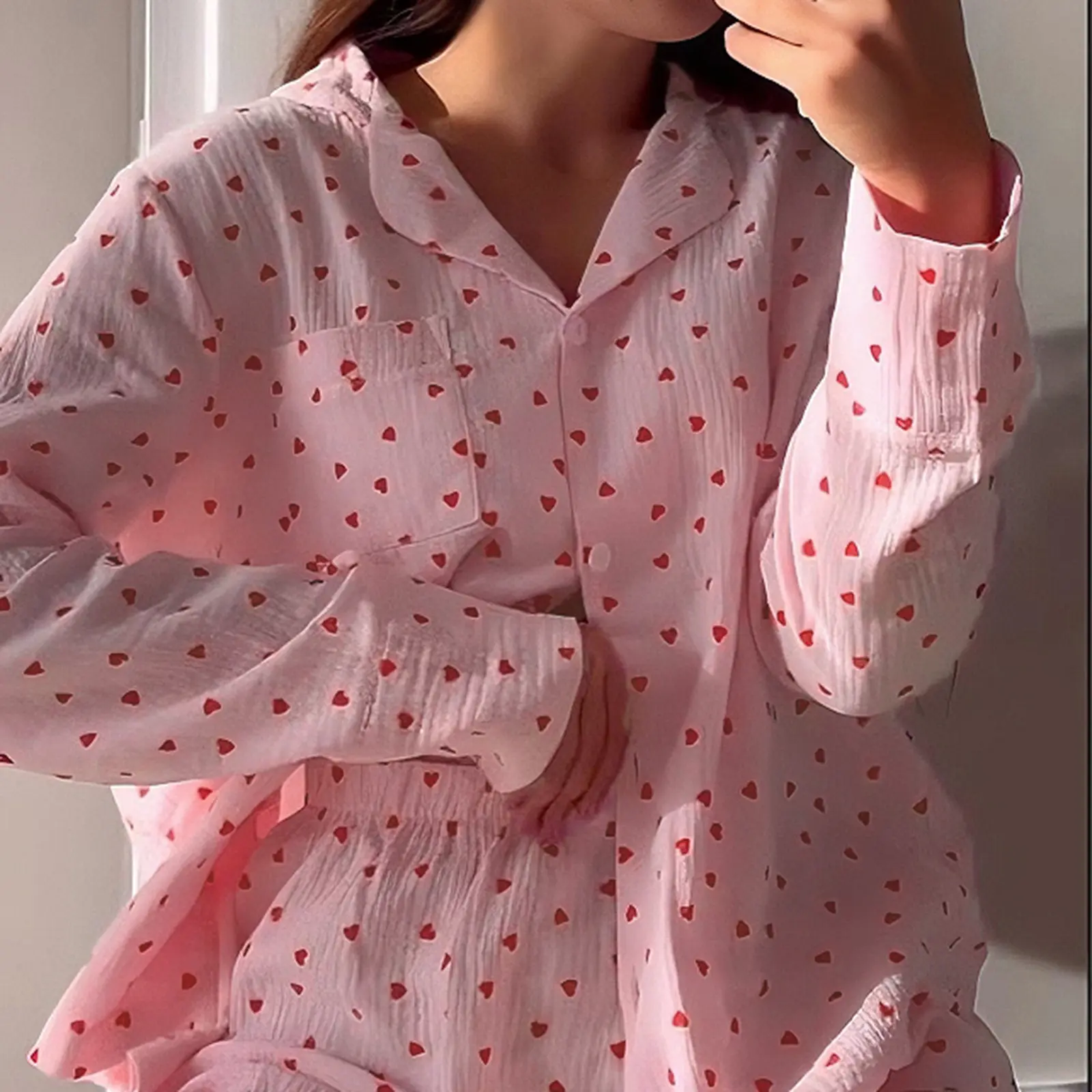 Women’s 2 Piece Pajamas Set Long Sleeve Heart Print Button Up Shirt + Shorts Set Loungewear