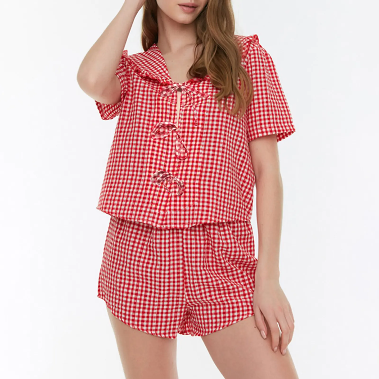 Women Plaid Pajama Set, Short Sleeve Doll Collar Tie-up T-shirt with Shorts Sleepwear Loungewear