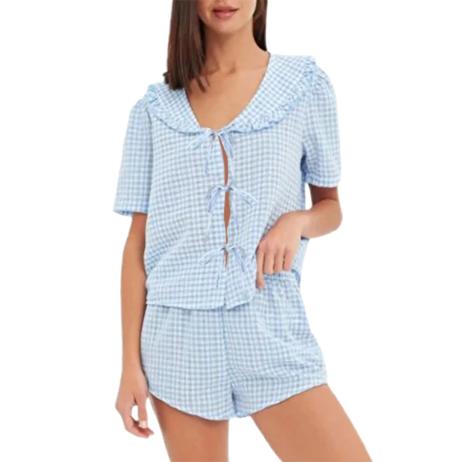 Women Plaid Pajama Set, Short Sleeve Doll Collar Tie-up T-shirt with Shorts Sleepwear Loungewear