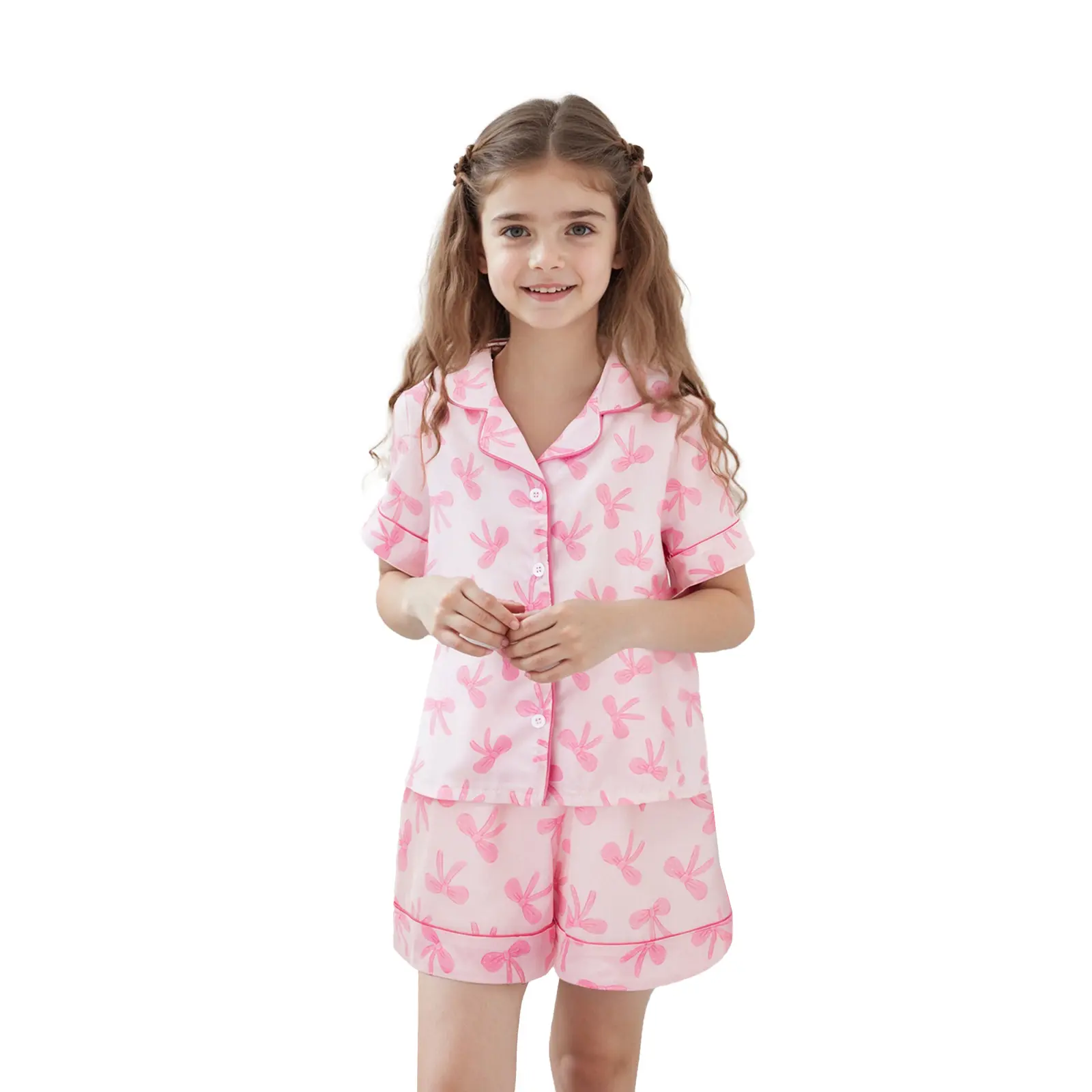 Mother Daughter Matching Pajamas Summer Cute Bow Print Short Sleeves Shirt and Elastic Shorts for Loungewear