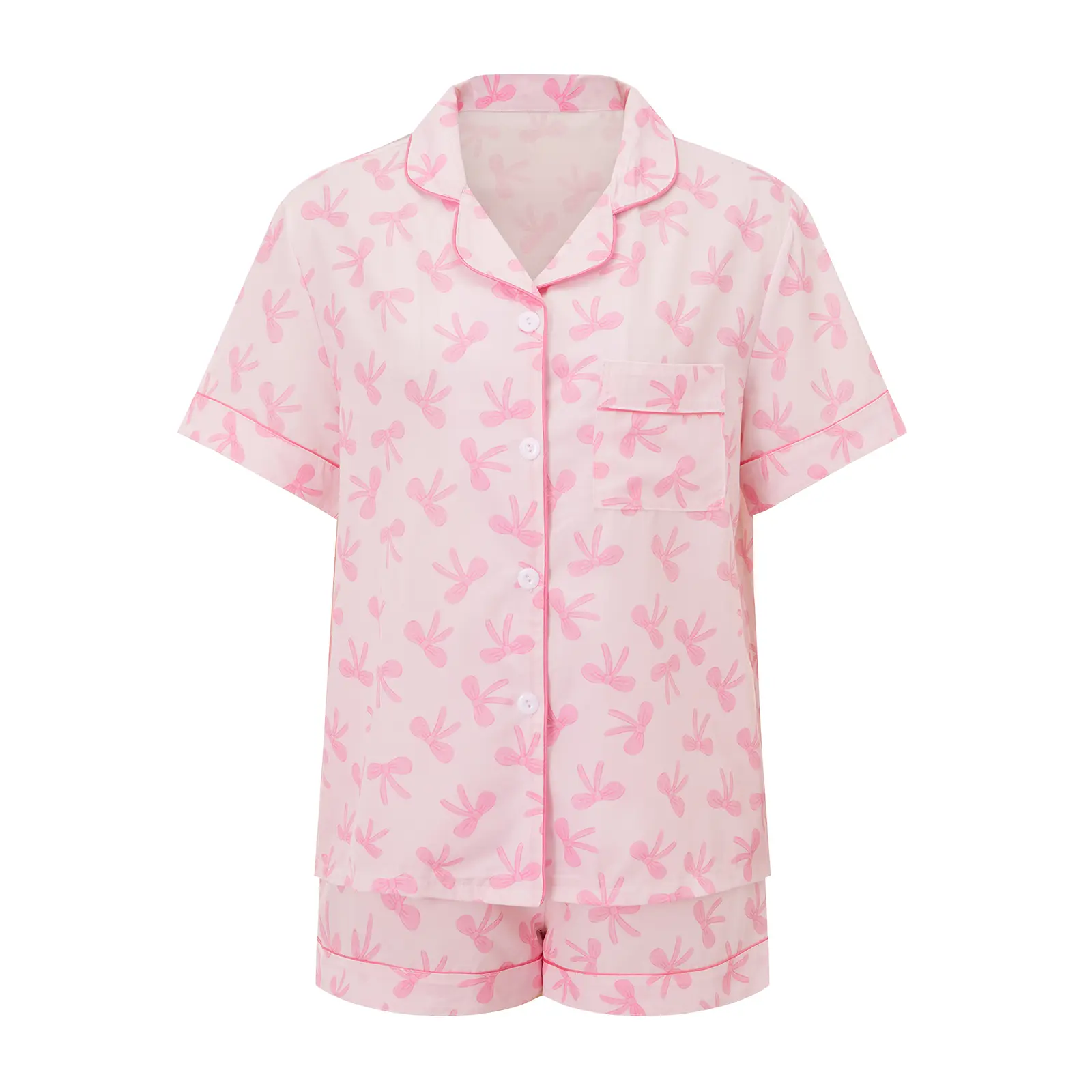 Mother Daughter Matching Pajamas Summer Cute Bow Print Short Sleeves Shirt and Elastic Shorts for Loungewear