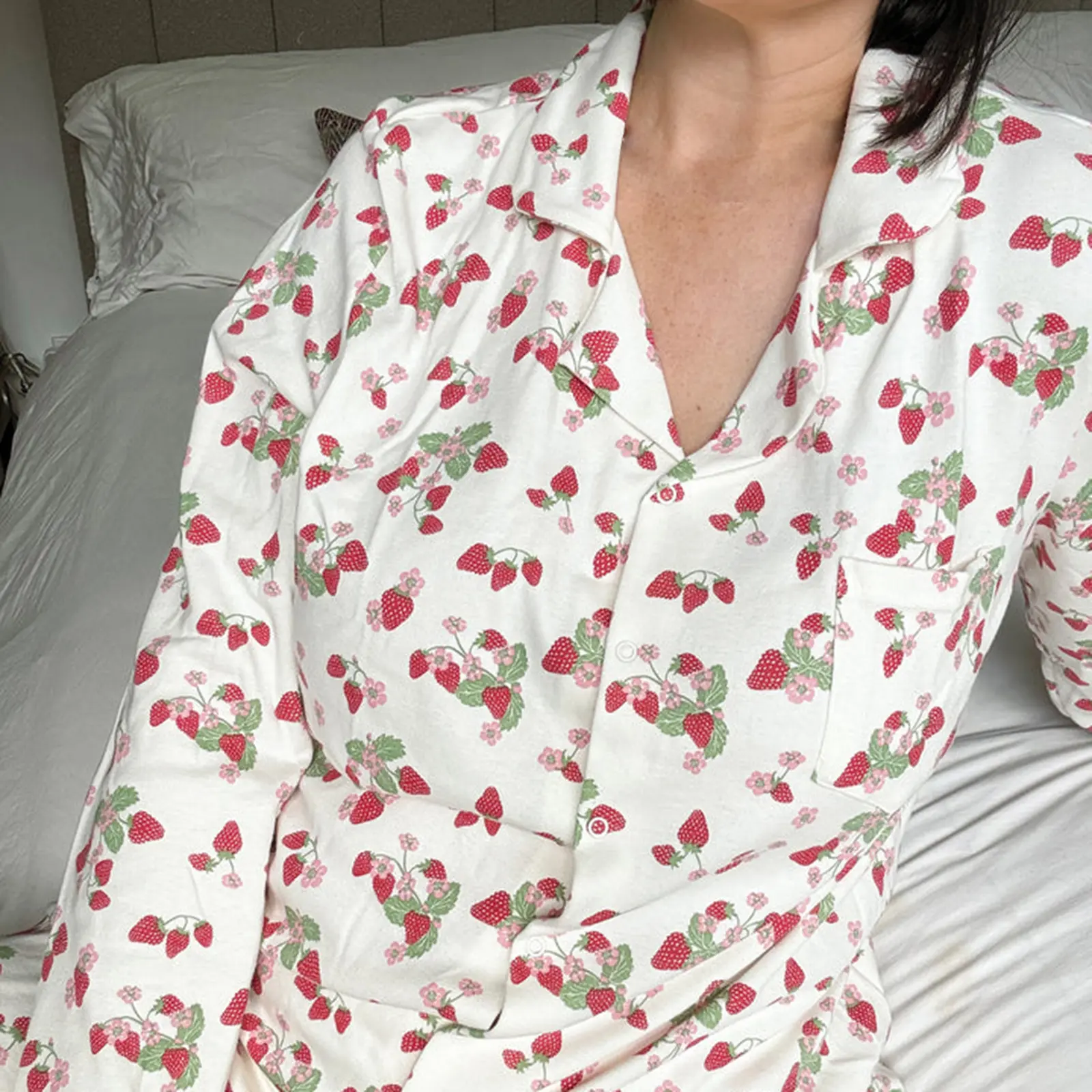 Women's Pajama Set, Strawberry Print Long Sleeve Button Down Tops Elastic Waist Long Pants 2 Piece Set