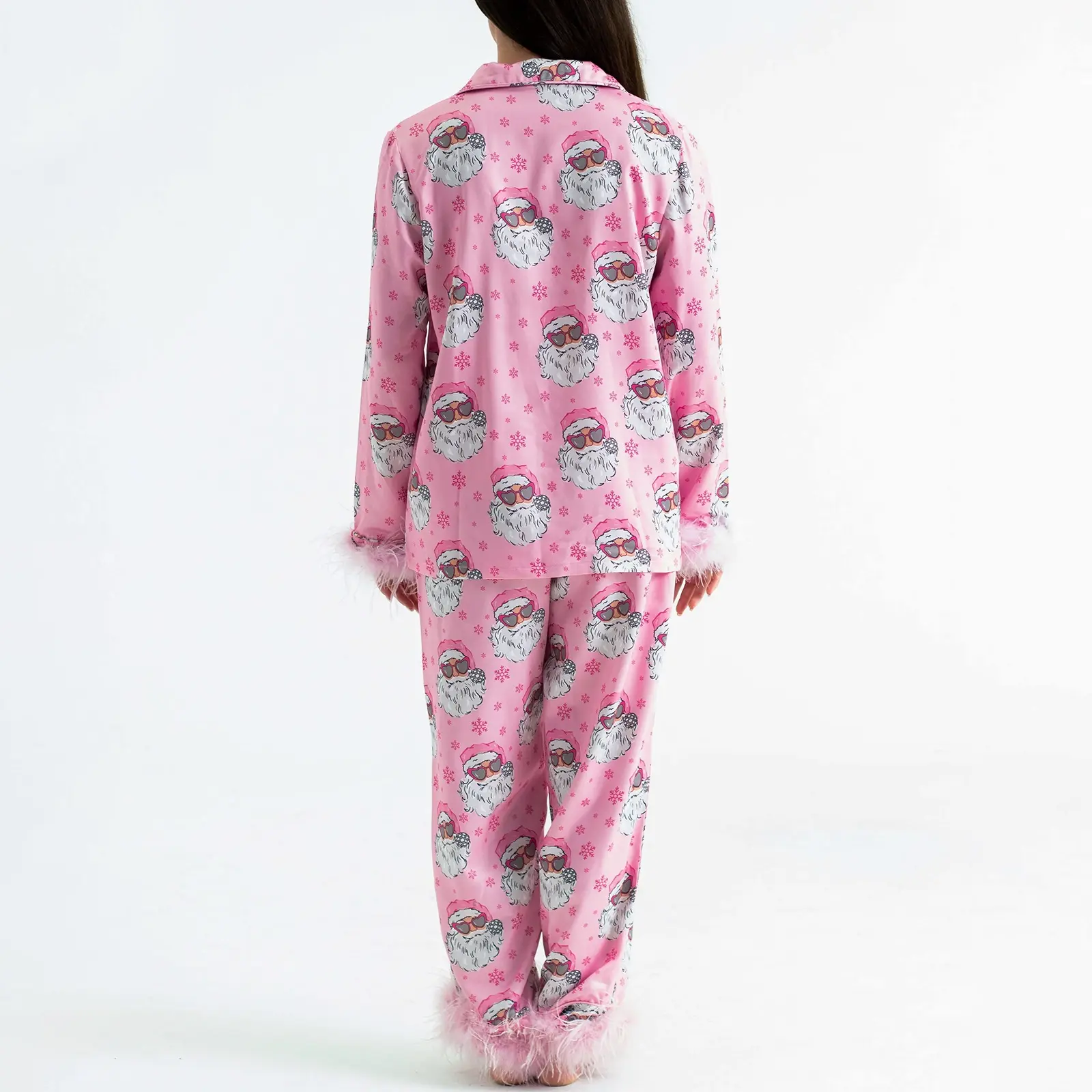 Women Christmas Pajamas Set Santa Print Lapel Neck Button-up Long Sleeve Tops Long Pants Loungewear Plush Trim Outfit
