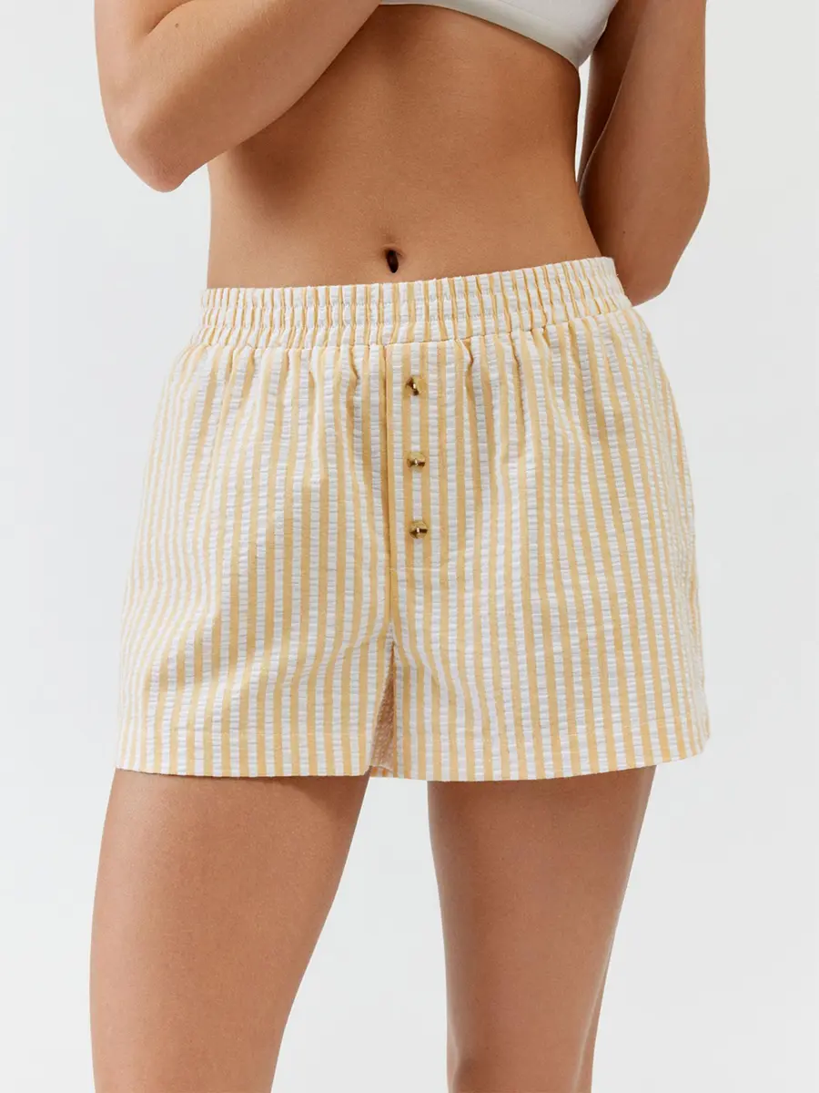 Women's Casual Prairie Chic Stripe Print Pajama Shorts Elastic Waist Button Decor Straight Leg Sleeping Short Pants