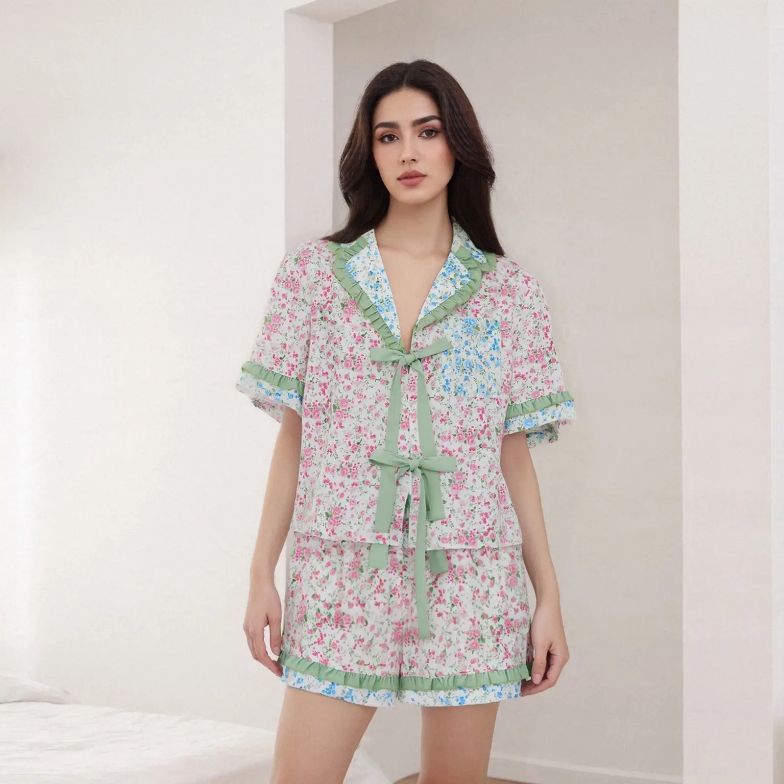 Women Floral Pajama Set, Short Sleeve Tie-up Shirt with Shorts Daily Sleepwear Loungewear