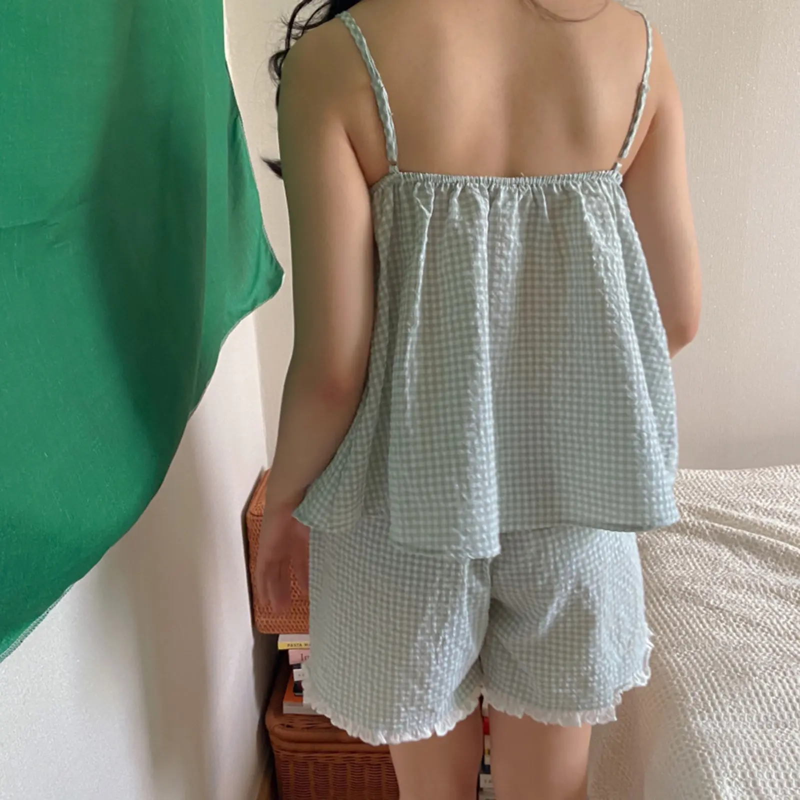 Women Casual Sweet Plaid Pajama Set, Vintage Lace Trim V-neck Backless Camisole with Shorts Sleepwear Loungewear