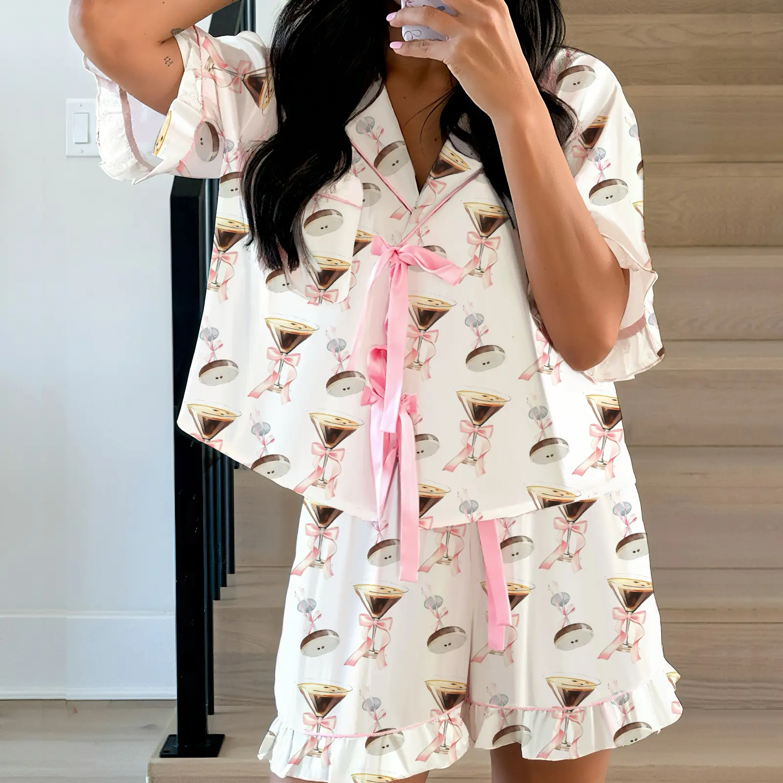 Women Pajama Shorts Set Goblet/Seashell/Boot Tie Front Short Sleeve Tops Elastic Waist Ruffle Shorts 2 Piece Sleepwear Outfit