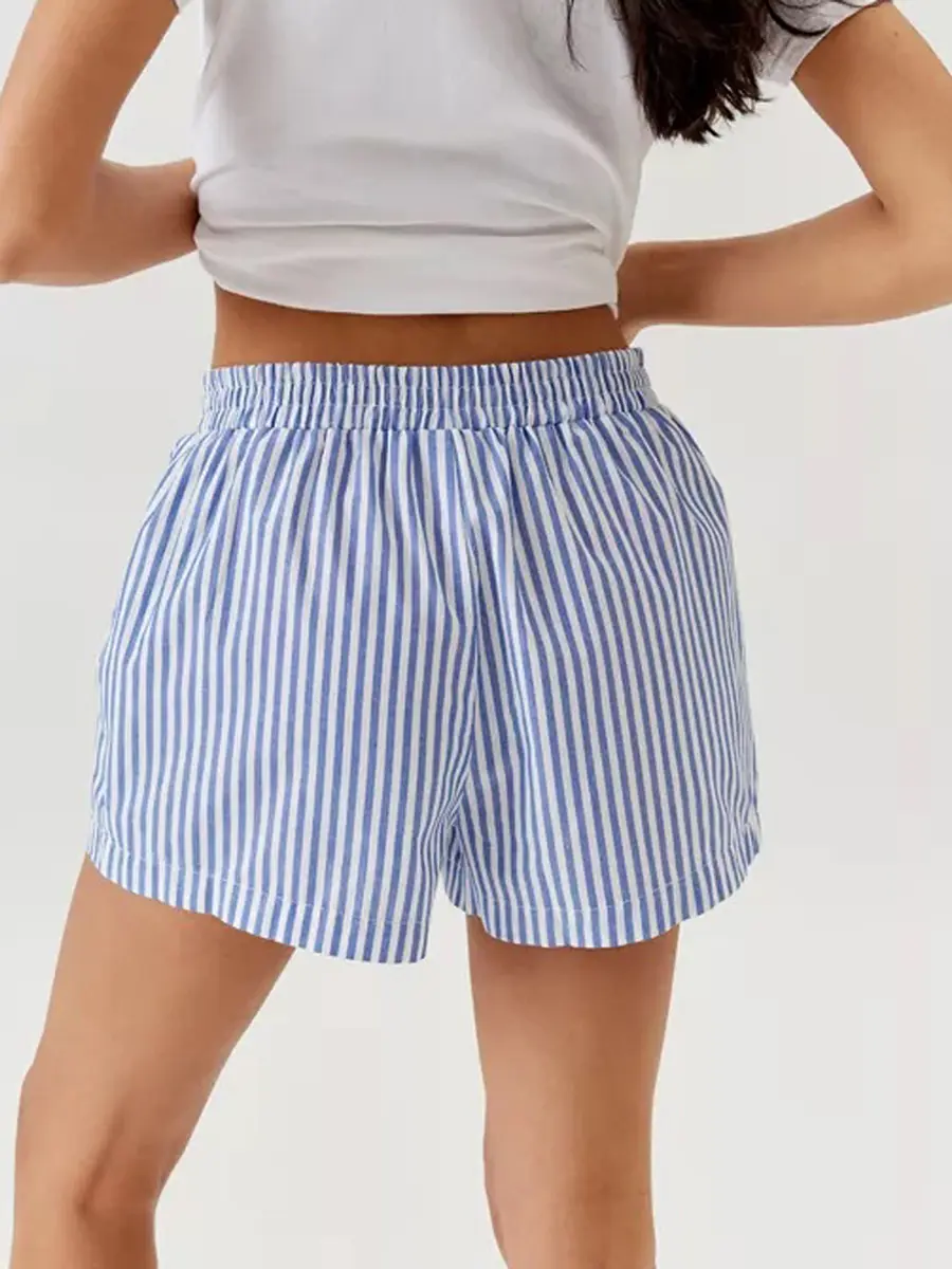 Women Casual Basics Vintage Shorts, Elastic Waist Stripes Plaid Shorts Summer Casual Shorts Streetwear