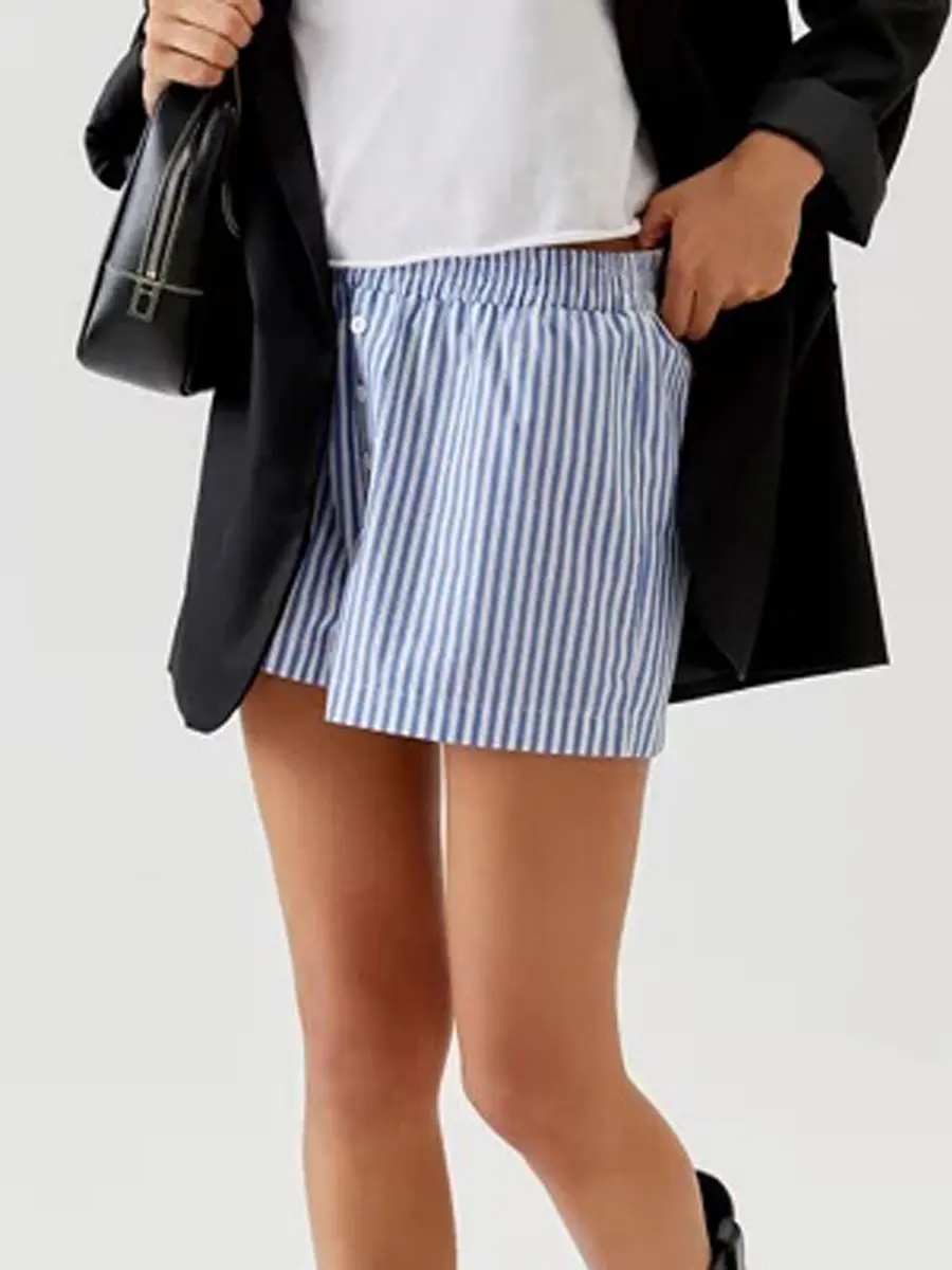 Women Casual Basics Vintage Shorts, Elastic Waist Stripes Plaid Shorts Summer Casual Shorts Streetwear