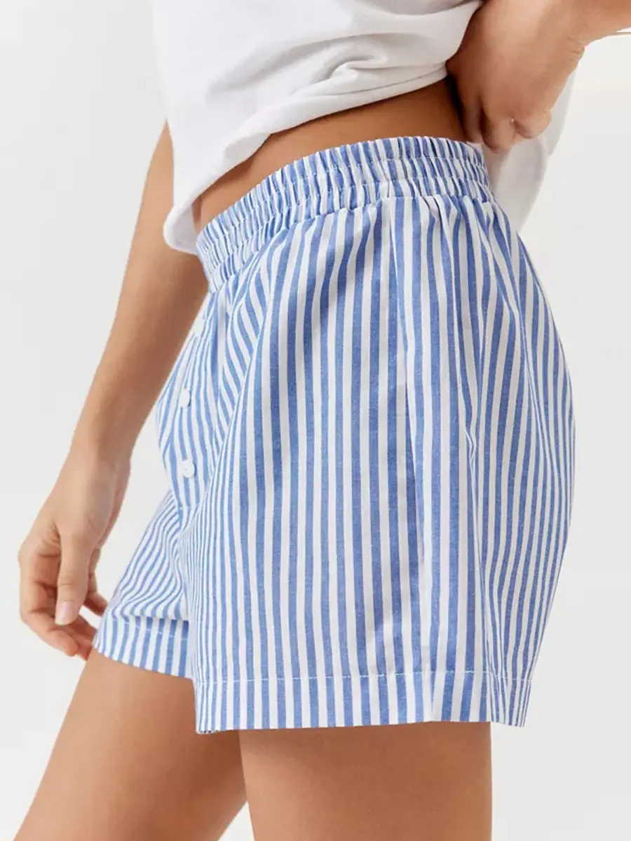 Women Casual Basics Vintage Shorts, Elastic Waist Stripes Plaid Shorts Summer Casual Shorts Streetwear