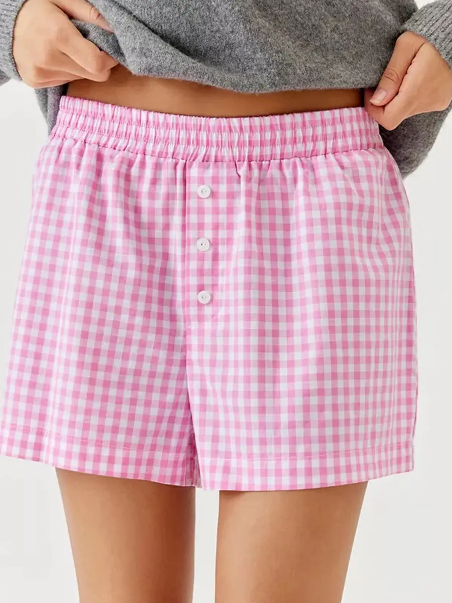 Women Casual Basics Vintage Shorts, Elastic Waist Stripes Plaid Shorts Summer Casual Shorts Streetwear