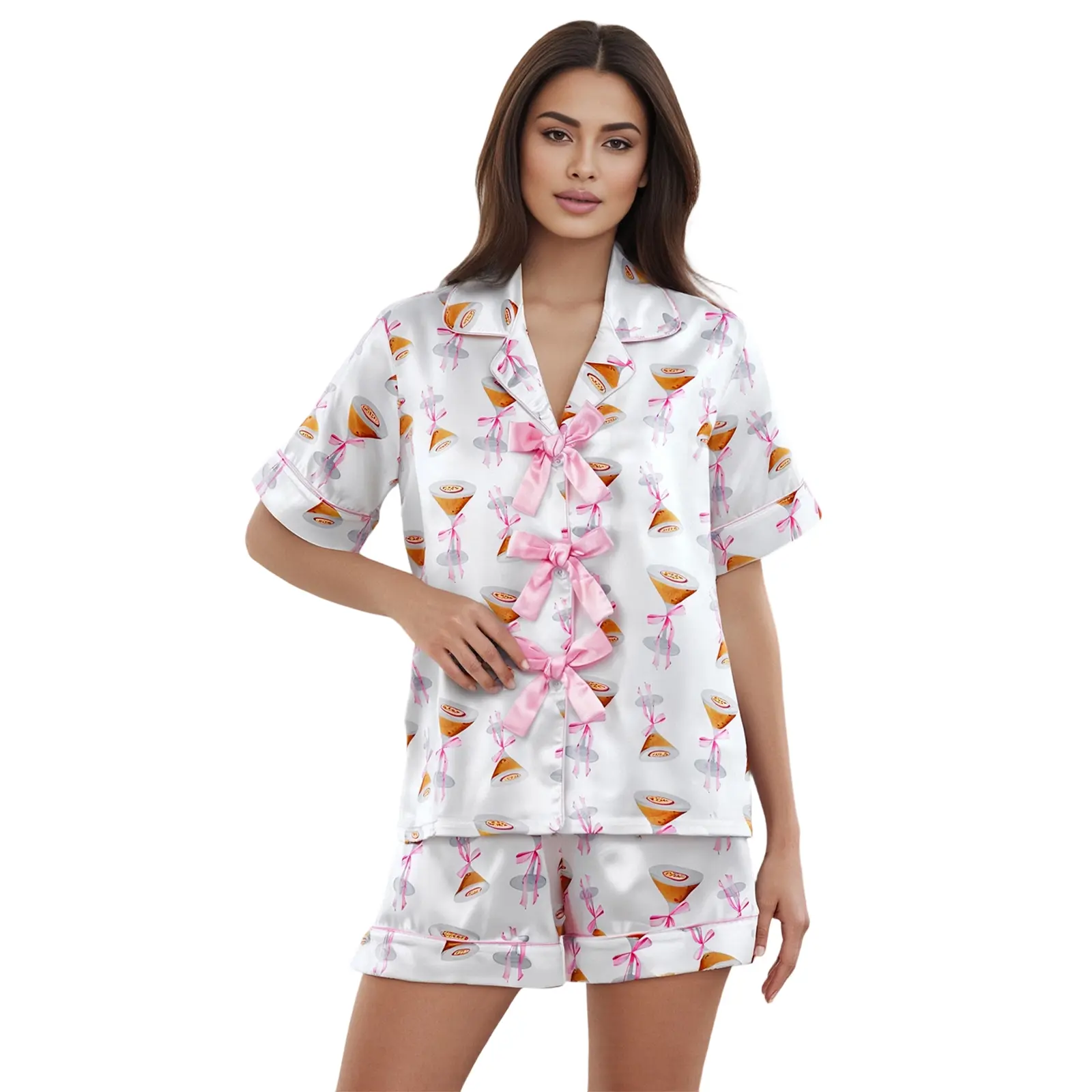 Women's Summer Pajamas Set Bow Print Lapel V Neck Short Sleeve Tops with Shorts Lounge Wear 2 Pcs Set