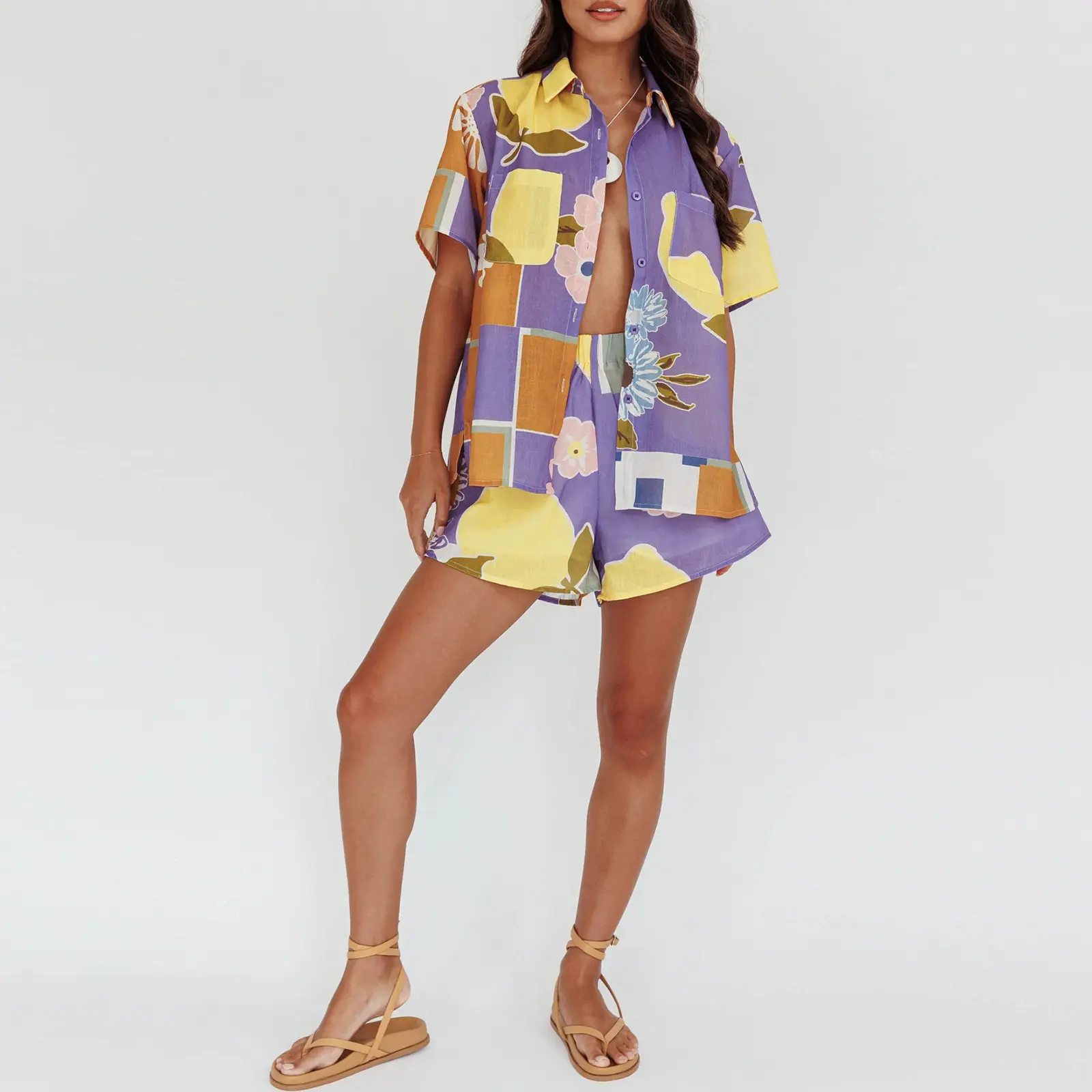 Women Loungewear Set Lemon Print Lapel Neck Short Sleeve Tops Shorts Fashion 2-Piece Pajama Outfit