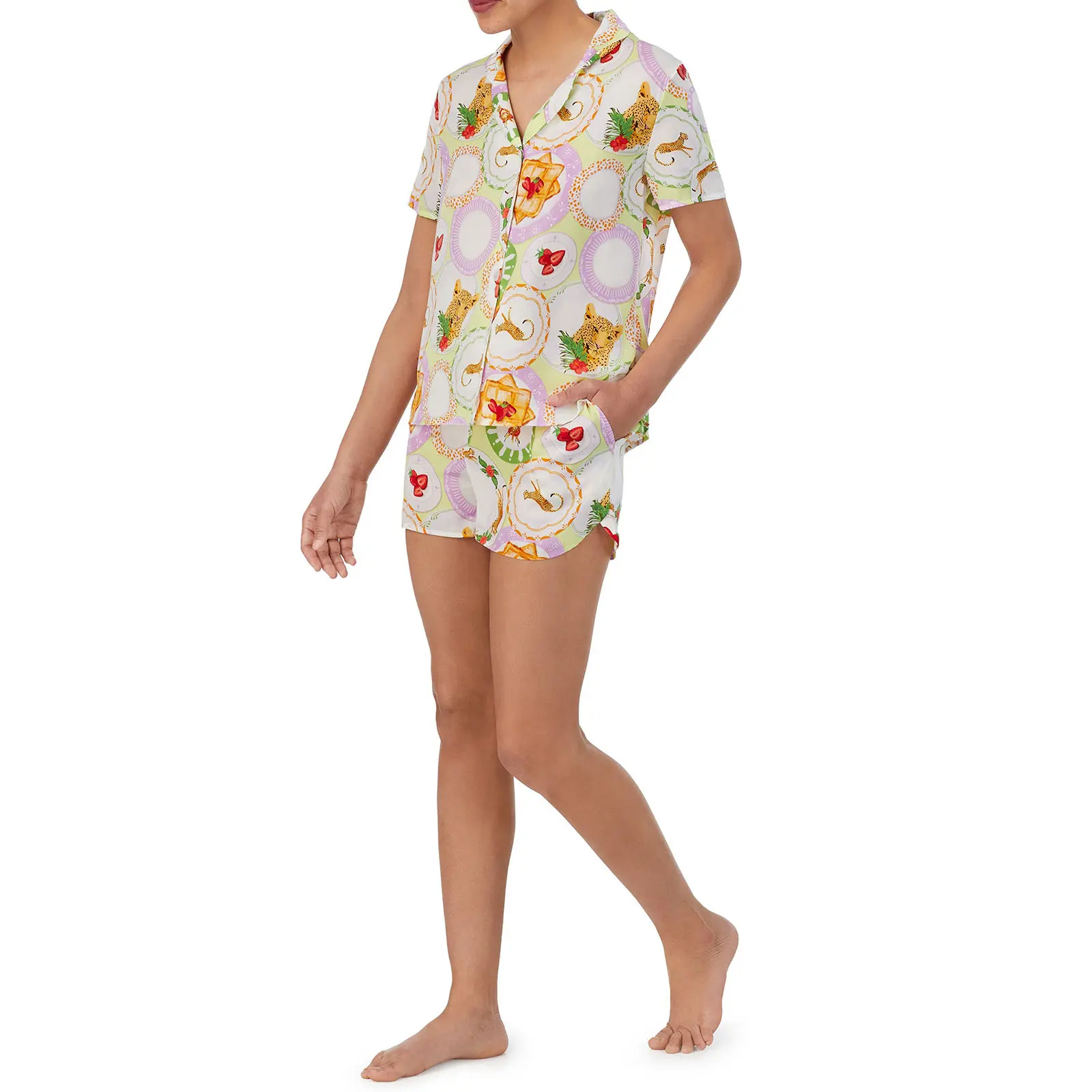 Women’s Casual 2 Piece Outfits Short Sleeve Beer/Leopard/Dessert Print Button Up Shirt + Shorts Set Loungewear