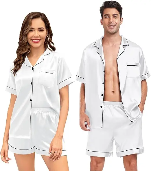 Matching Couple Pajama Set Short Sleeve Button-up Tops Elastic Waist Shorts 2 Piece Sleepwear Outfit for Women Men