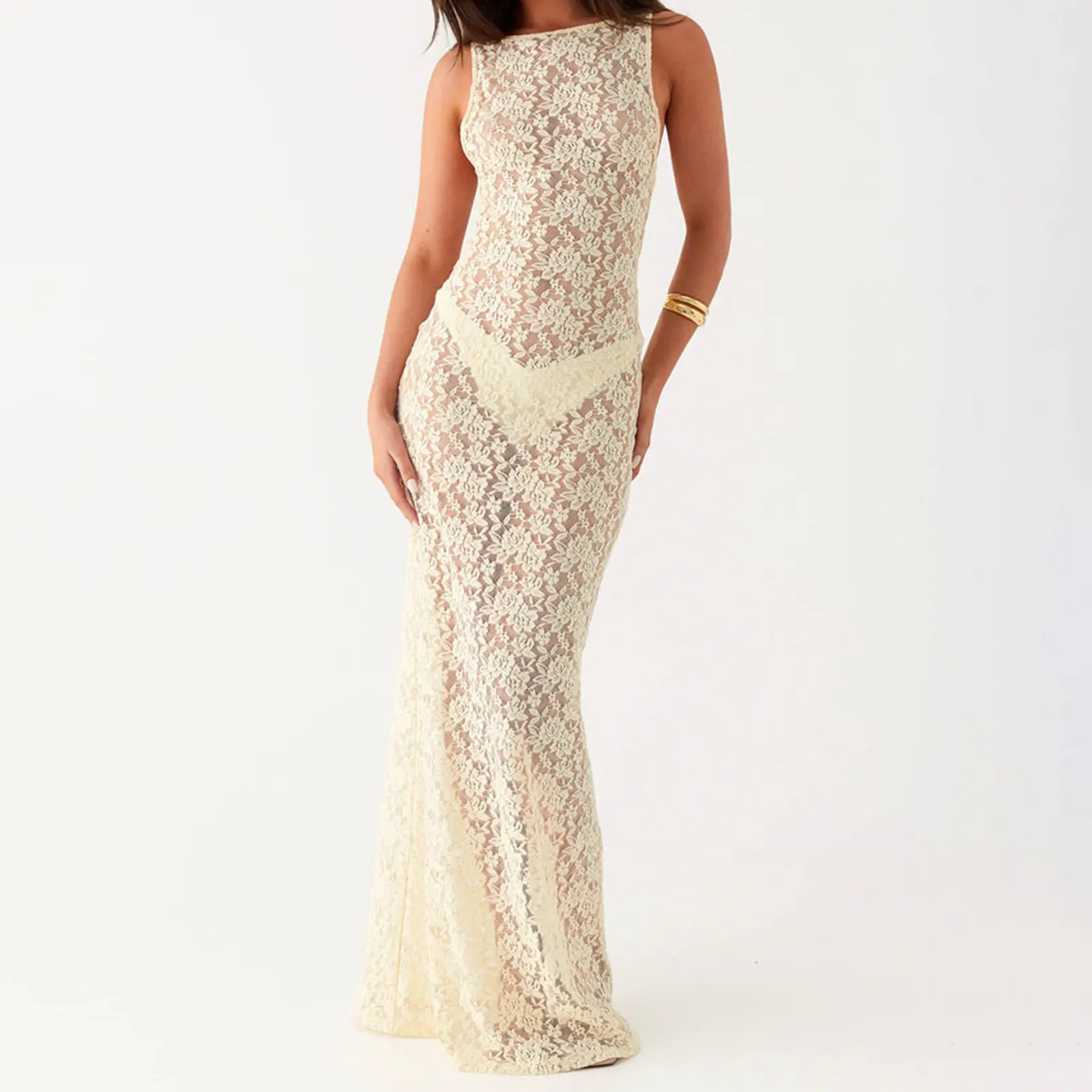 Women Sheer Dress, Spaghetti Straps Backless See-through Lace Dress Summer Long Dress for Party