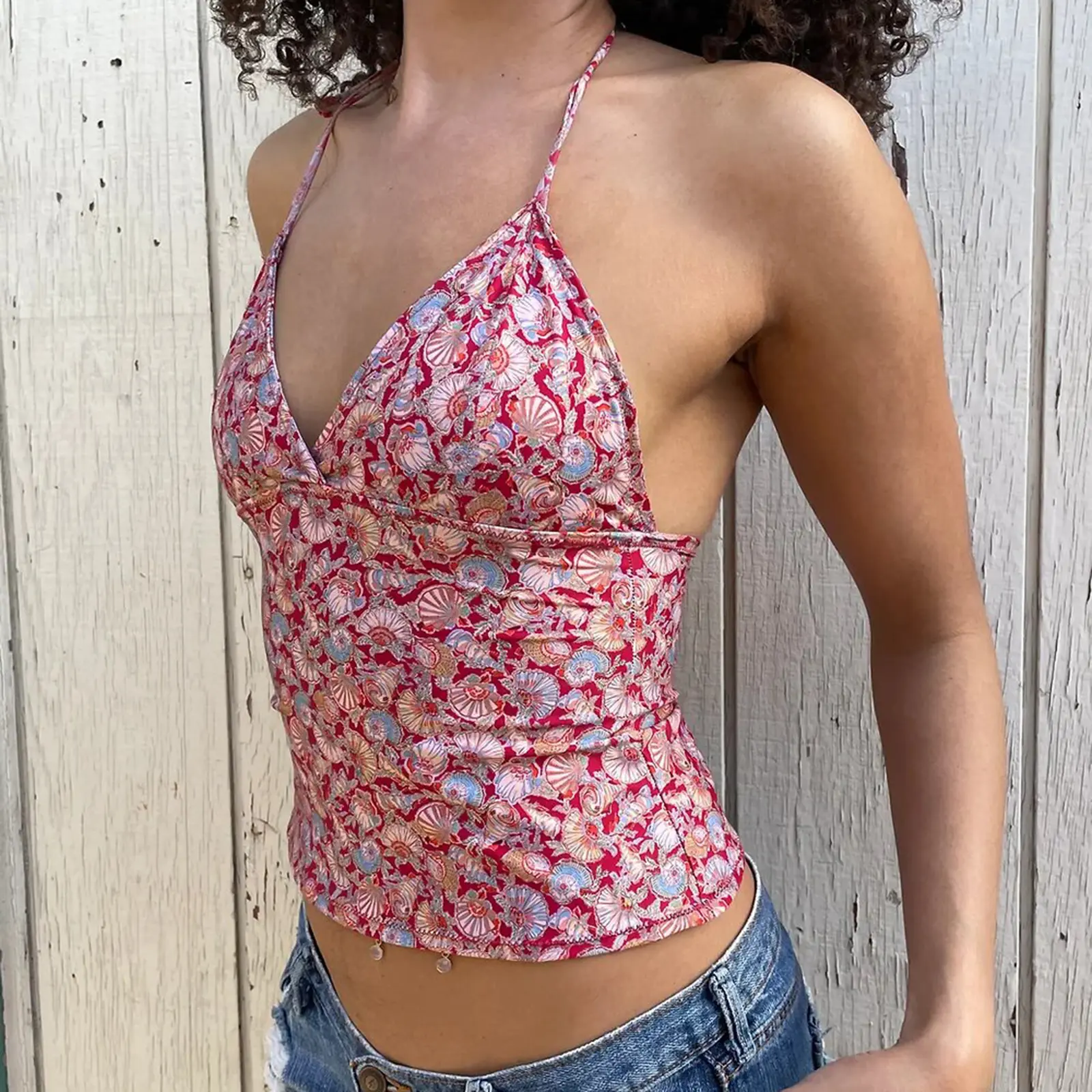 Women's Summer Pajama Camisole Sleeveless Halter Neck V Neck Flower Print Sleep Tops