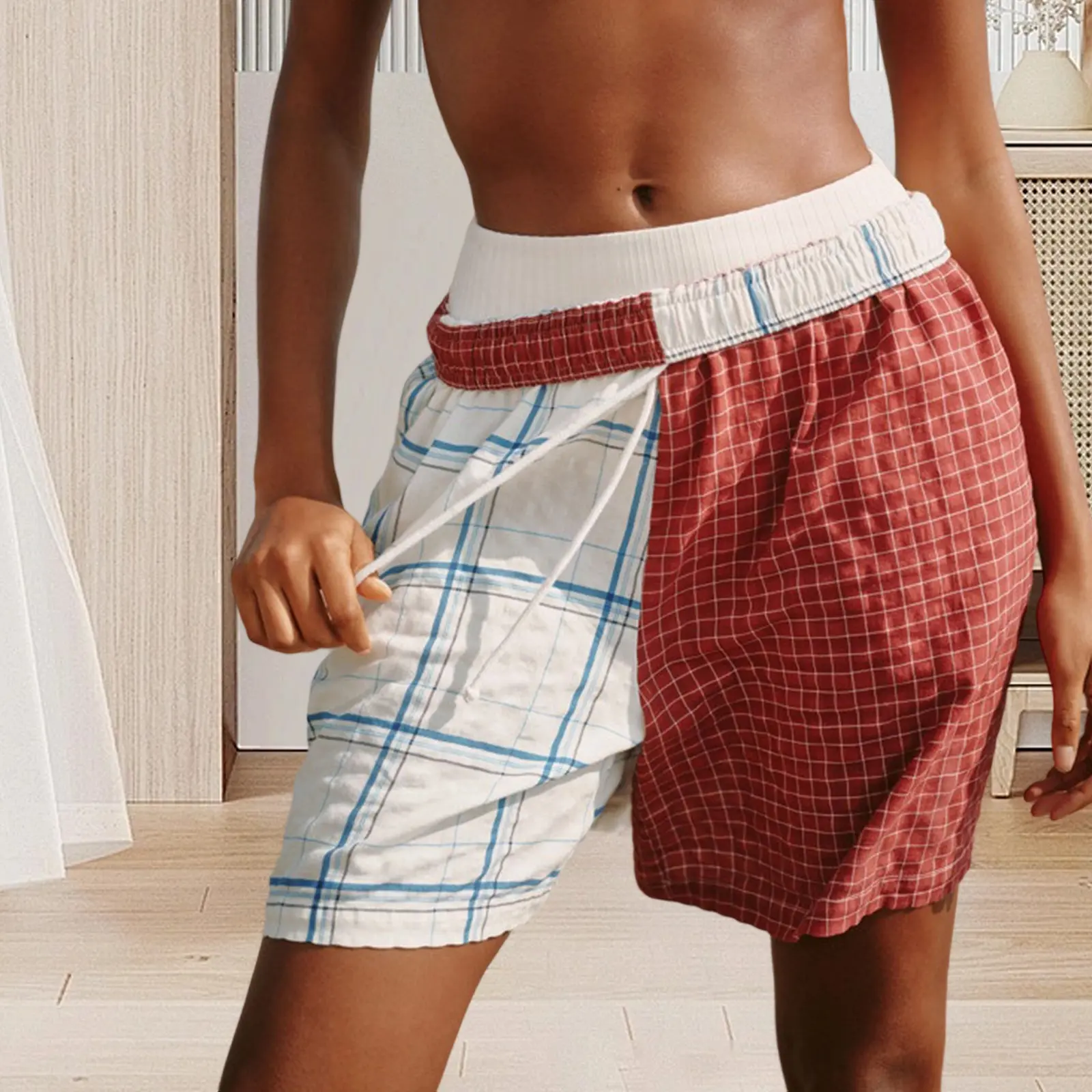 Women's Summer Casual Pajamas Shorts Wide Leg Drawstring Plaid Patchwork Lounge Shorts
